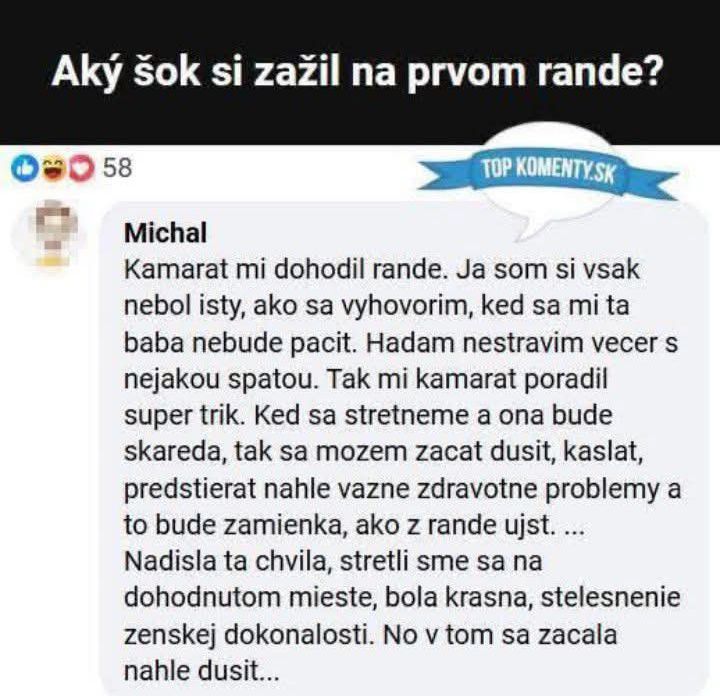Vtipný komentár na tému šokujúcich zážitkov z prvého rande, zdieľaný na sociálnej sieti.