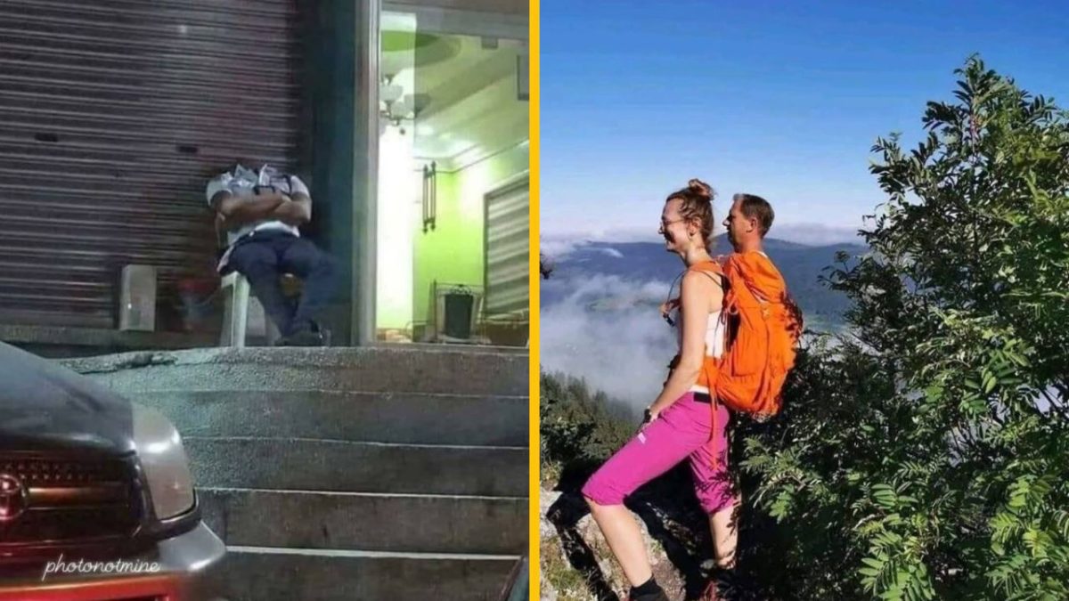 Ľavá časť: uspatý strážnik pred obchodom. Pravá časť: turisti na vrchole hory s batohom, výhľad na oblakmi pokrytú krajinu.
