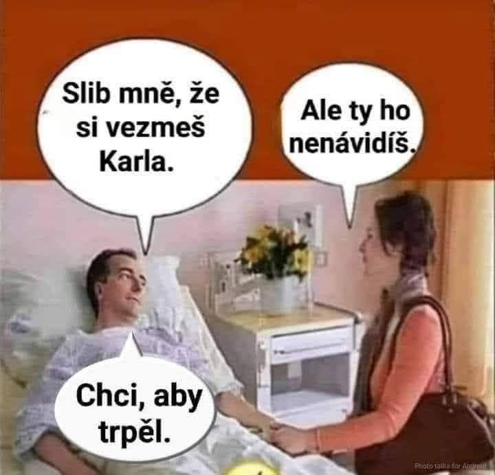 Pacient na posteli žiada ženu o sľub, smerujúci k osobe menom Karel, s vtipnou konverzáciou na tému nenávisti.