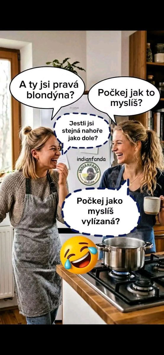 Dve ženy veselo diskutujú v kuchyni, s bublinkami vtipných otázok, smiech a emotikon dodávajú humor.