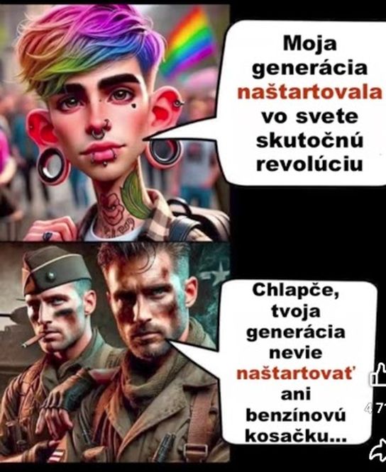 Dvaja kontrastní muži diskutujú o schopnostiach generácií: mladík hovorí o revolúcii, starší muž o praktických zručnostiach.