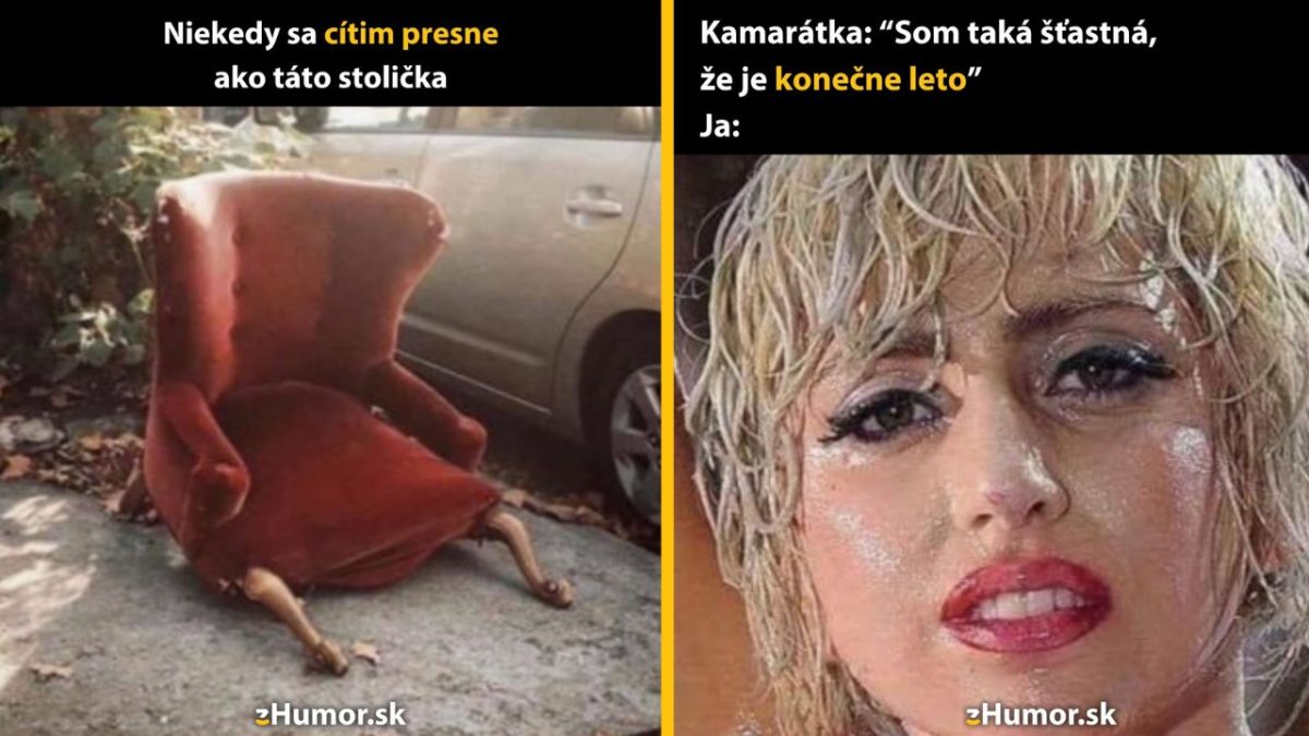 Ošúchané kreslo s nohami na kolese auta a tvár ženy so spotenými vlasmi ako letná metafora.