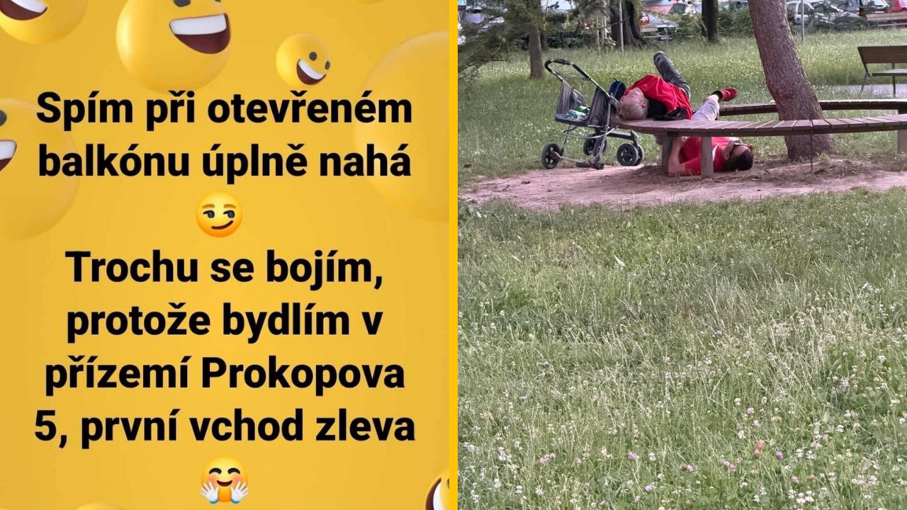 Žena vtipne popisuje svoje obavy zo spania pri otvorenom balkóne, zatiaľ čo muž odpočíva pod parkovou lavičkou.