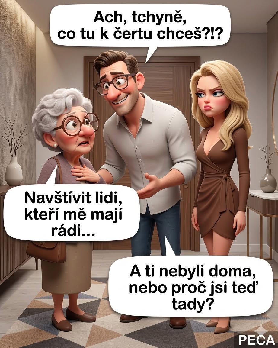 Animovaný vtip so svokrou na návšteve, zatiaľ čo pár vyjadruje prekvapenie a otázky.
