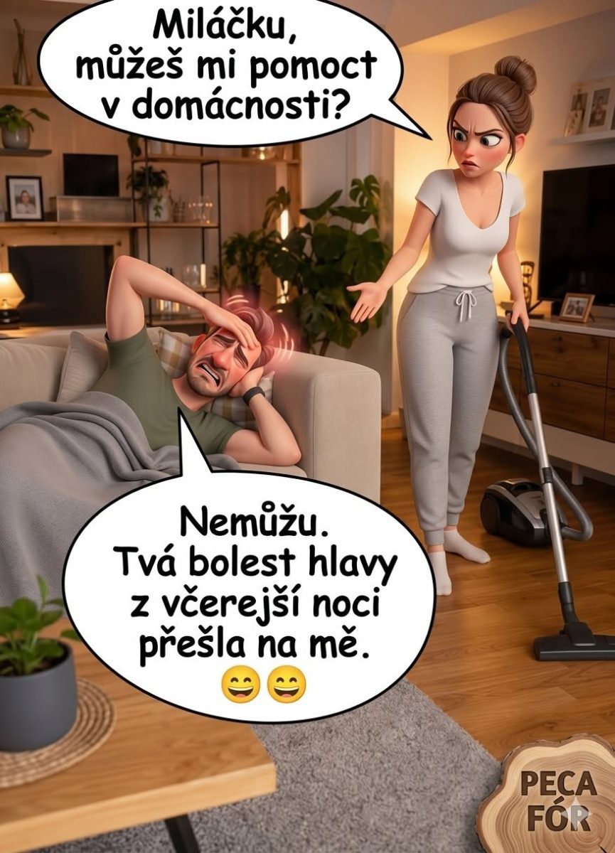 Manžel odmieta pomôcť pri domácich prácach kvôli preneseným bolestiam hlavy.