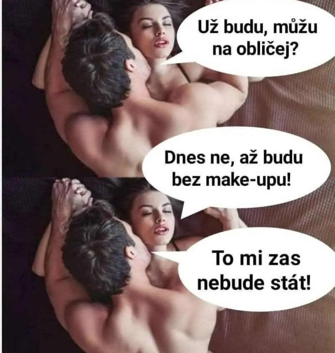 Ľúbostný pár ležiaci v posteli s komickým dialógom o make-upe a vzhľade.