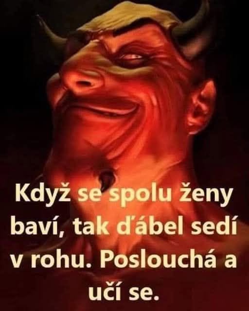 Obrázok čerta so zábavnou českou vetou o ženách a čertovi počúvajúcom v rohu.
