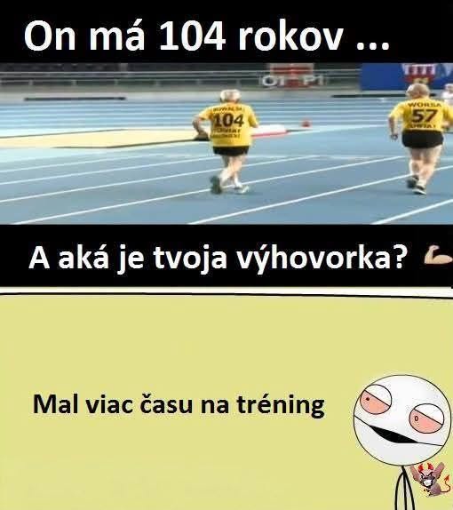 Starší muž vo veku 104 rokov bežiaci na atletickej dráhe, motivujúci text o cvičení a vytrvalosti.