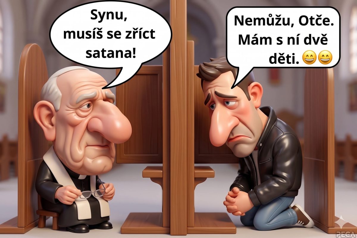 Kňaz a muž v spovednici diskutujú o odmietnutí satana so vtipným záverom. Ilustrácia, humor, karikatúra.