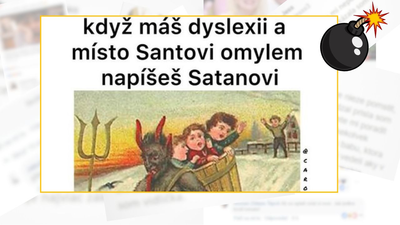 Obrázok s textom žartujúcim o následkoch dyslexie pri adresovaní listu vianočnému Santovi.