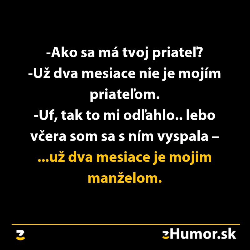 Vtipný rozhovor o vzťahoch: Ako sa má tvoj priateľ? Už dva mesiace je mojím manželom.