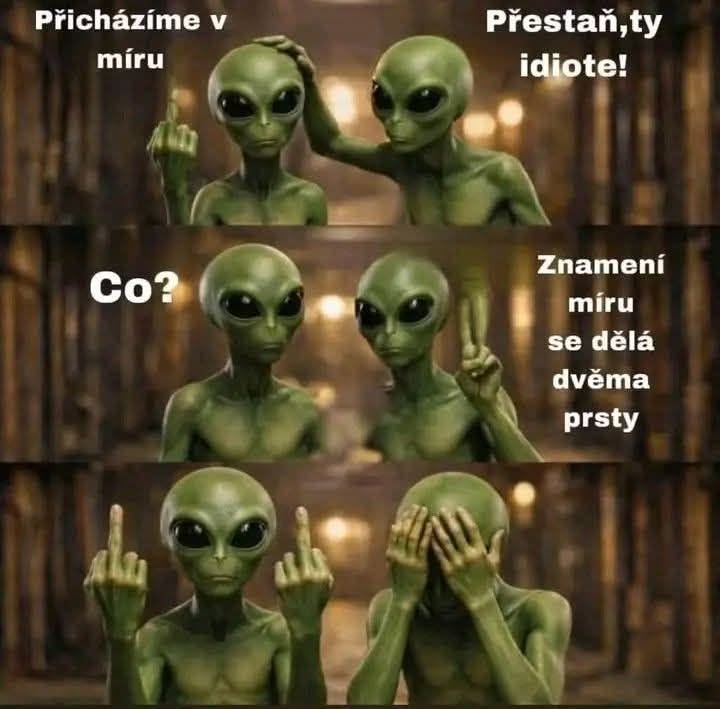 Mimozemšťania diskutujú o gestách: jeden ukazuje nesprávne znamenie mieru.
