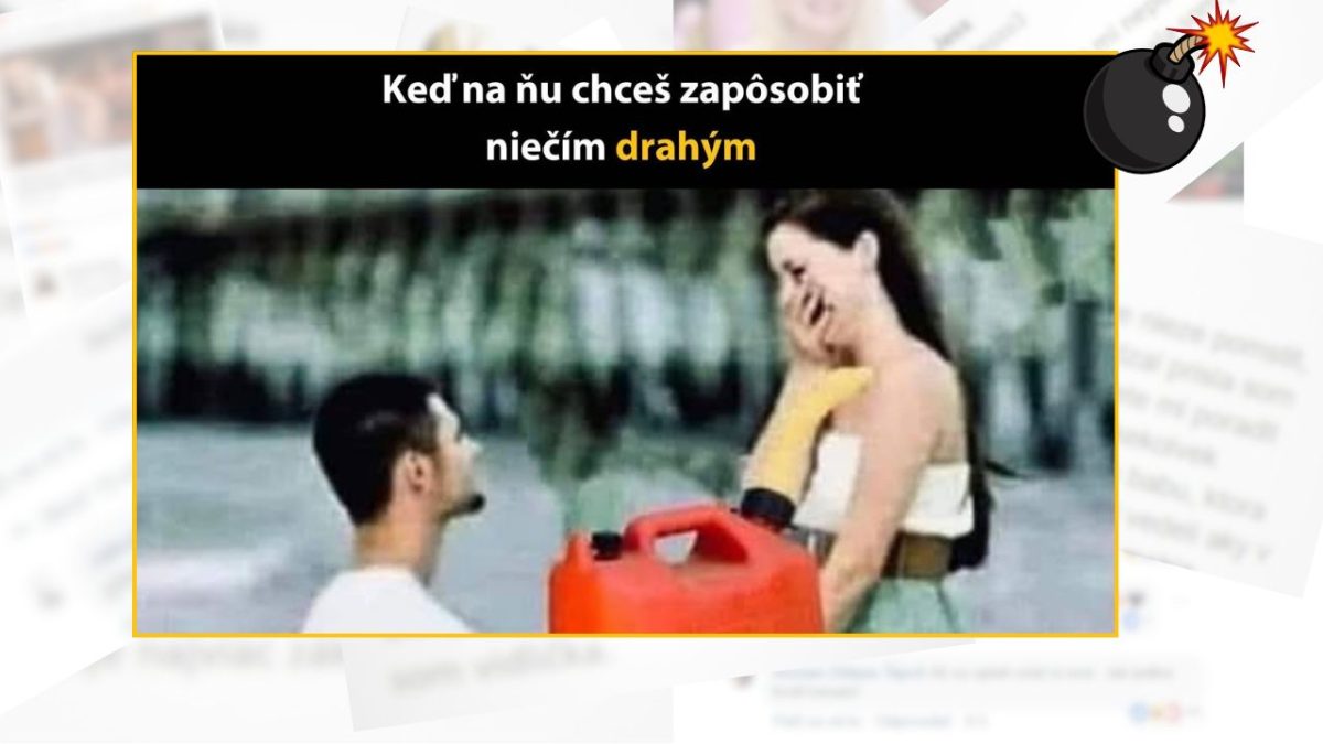 Muž kľačí s kanistrom, žena sa smeje; keď chceš zapôsobiť niečím originálnym a „drahým“.