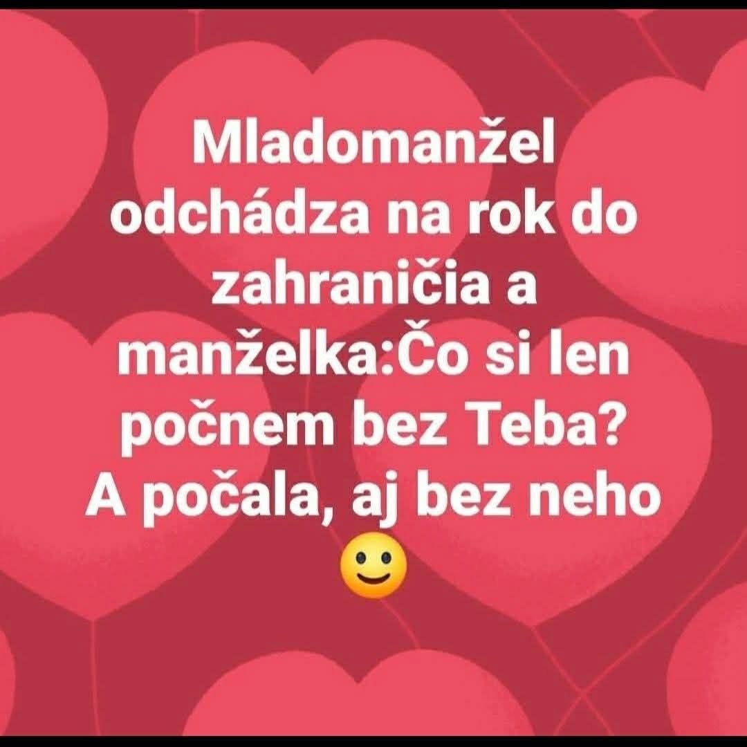 Vtipný text na ružovom pozadí srdiečok o mladomanželoch a nečakanom vývoji udalostí počas jeho pobytu v zahraničí.