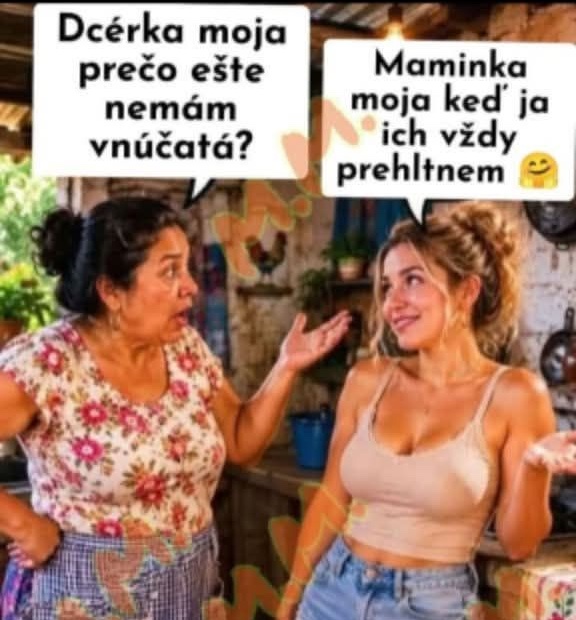 Dve ženy diskutujú o otázke vnúčat v kuchyni, vtipné bubliny so slovným humorom.