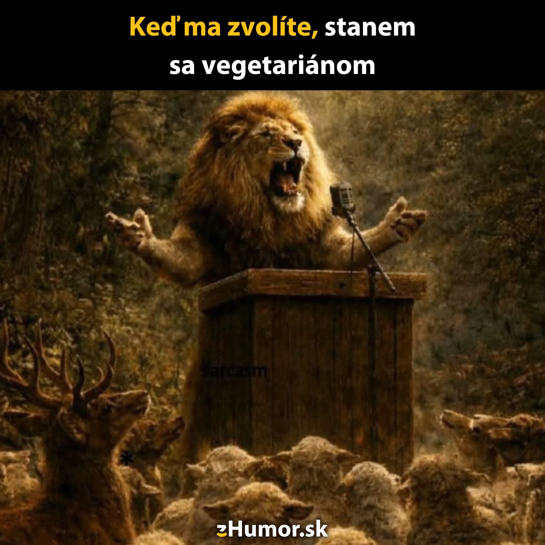 Lev na pódiu vtipne sľubuje stádu, že ak bude zvolený, stane sa vegetariánom.