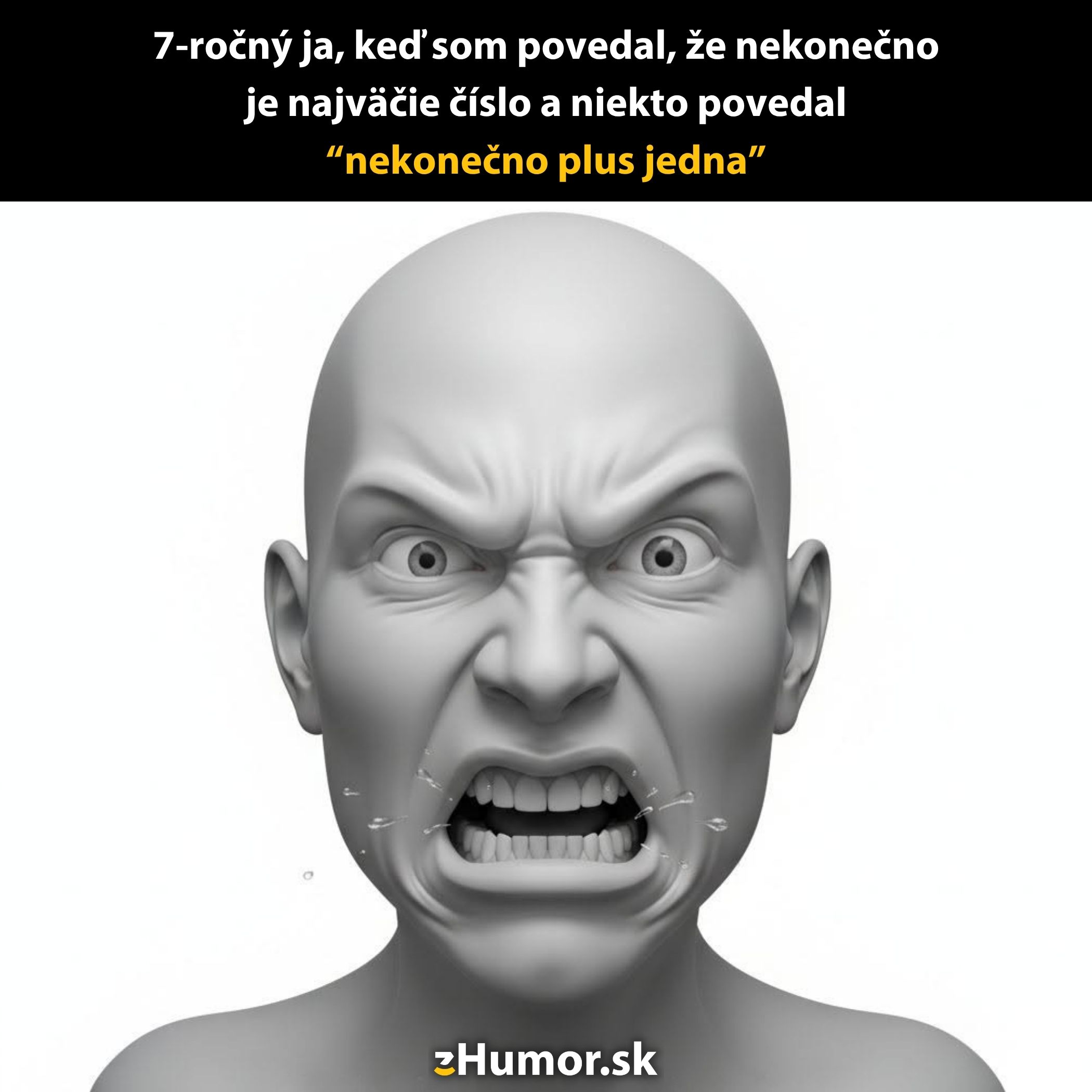 Nahnevaná tvár dieťaťa zisťujúceho, že nekonečno plus jedna je tiež koncept.