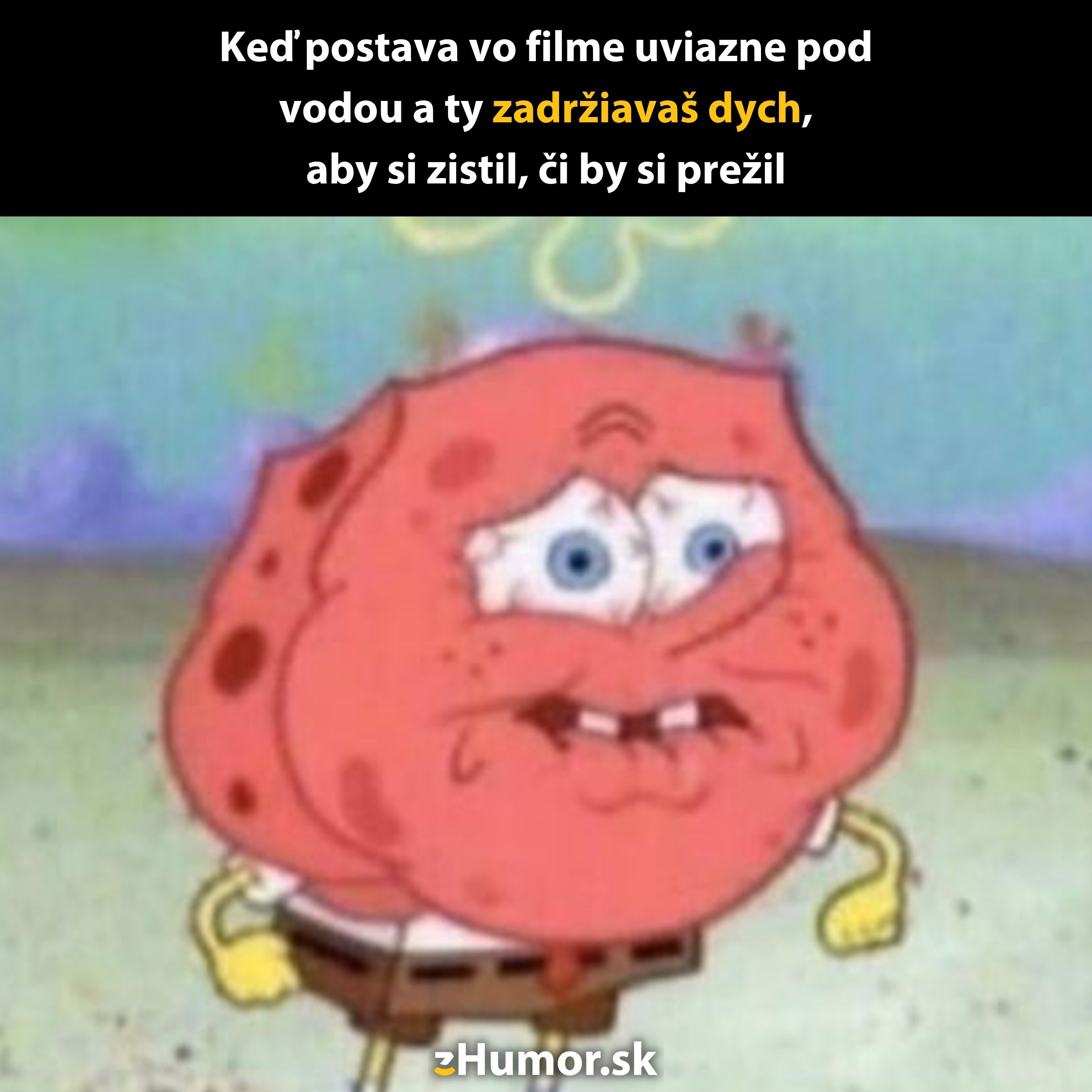 Kreslená postava zadržiava dych a napätie pri scéne vo filme, kedy niekto uviazne pod vodou.