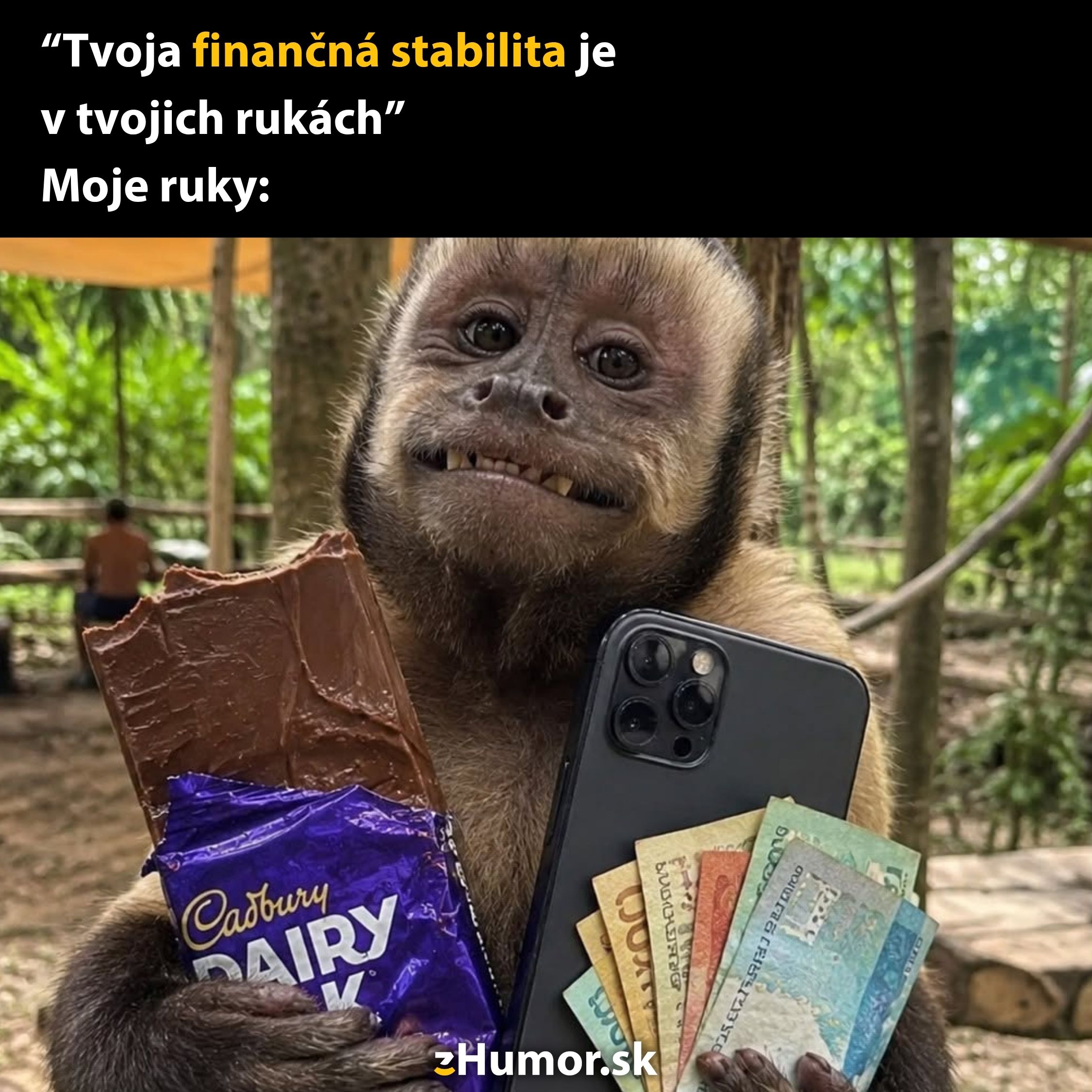 Opica s úsmevom drží čokoládu, mobil a peniaze, s nápisom Tvoja finančná stabilita je v tvojich rukách.