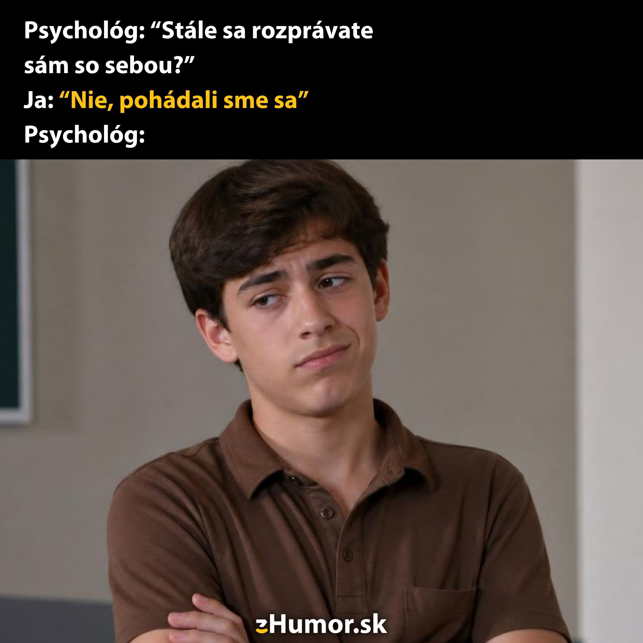 Chlapec zábavne reaguje na otázku psychológa o rozhovore so sebou samým, humor na tému sebavedomie.