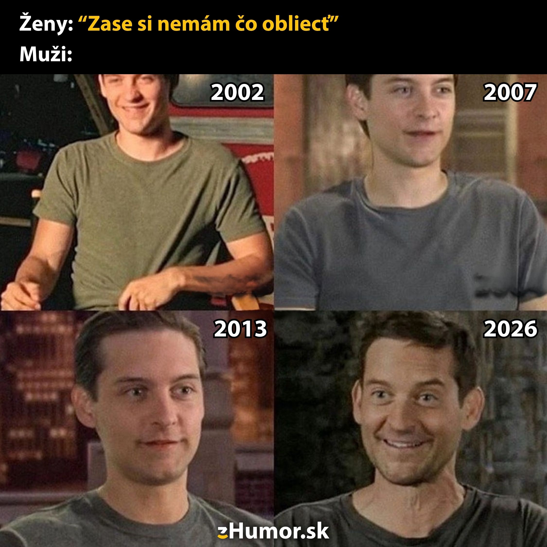Štyri fotografie muža v rôznych rokoch, zakaždým v rovnakej sivomodrej košeli.