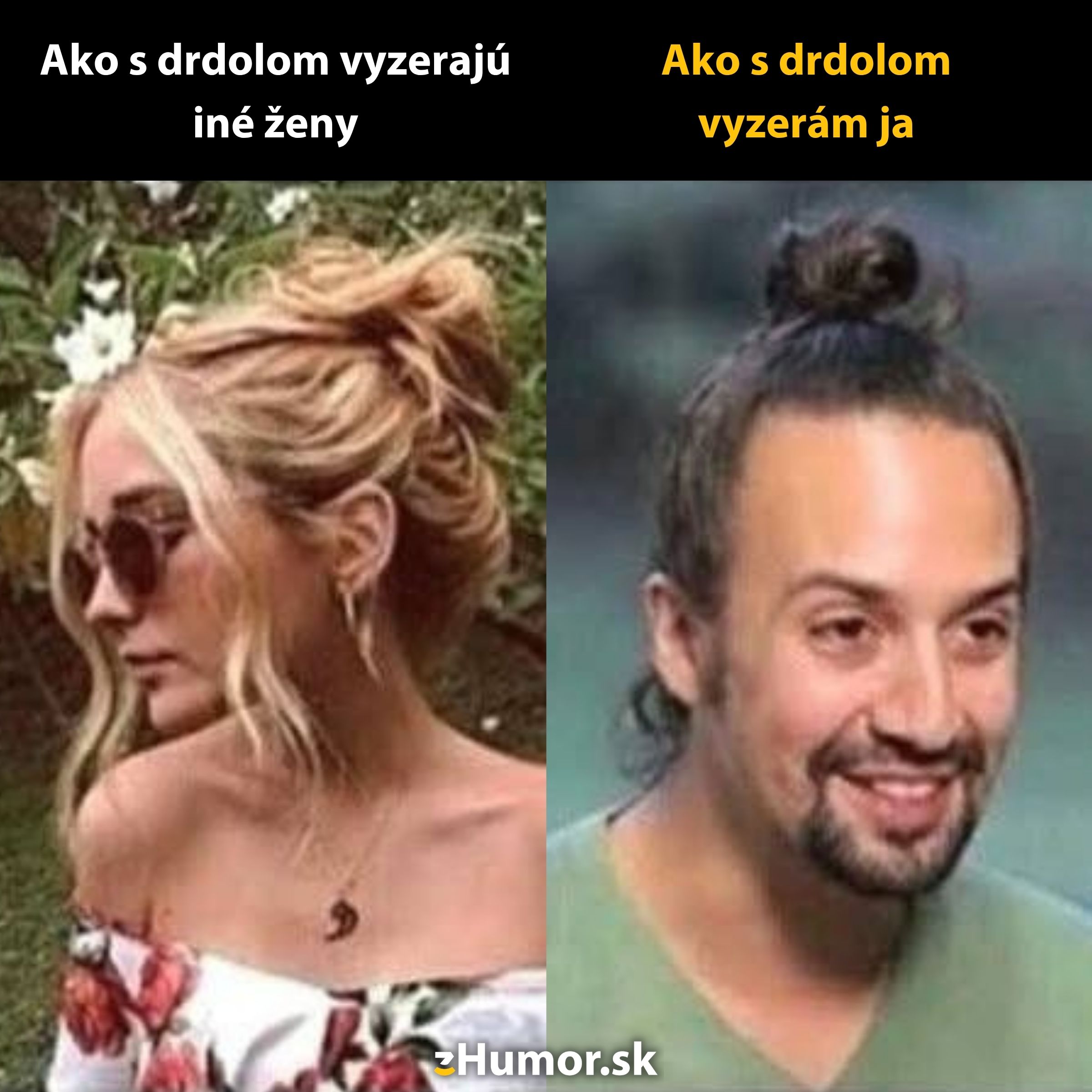 Dva obrázky osôb s drdolom znázorňujúce kontrast vo vzhľade medzi nimi.