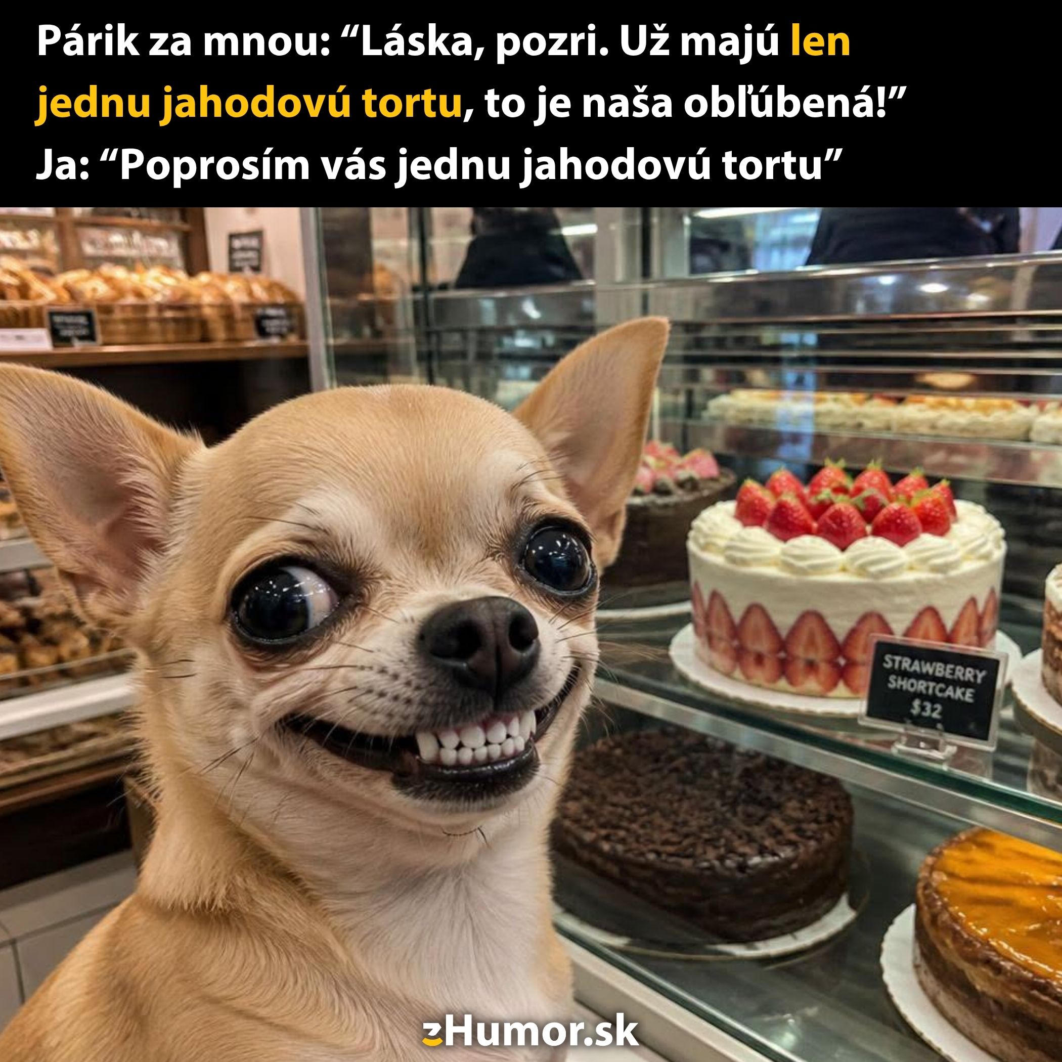 Pes s úsmevom stojí pred vitrínou s jahodovou tortou v pekárni.