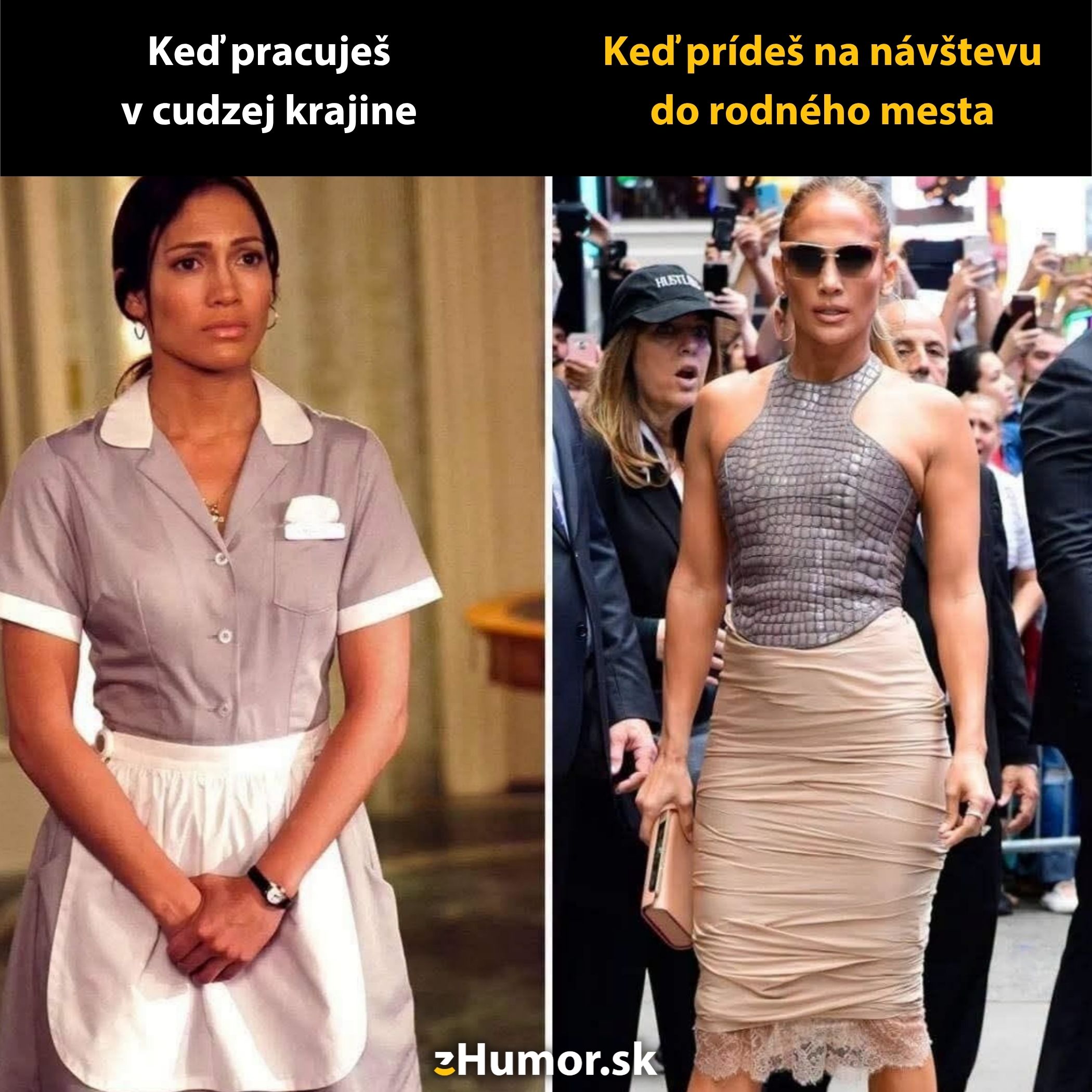 Dve odlišné situácie: práca v zahraničí verzus návšteva rodného mesta s rôznymi outfitmi. Humoristický kontrast.