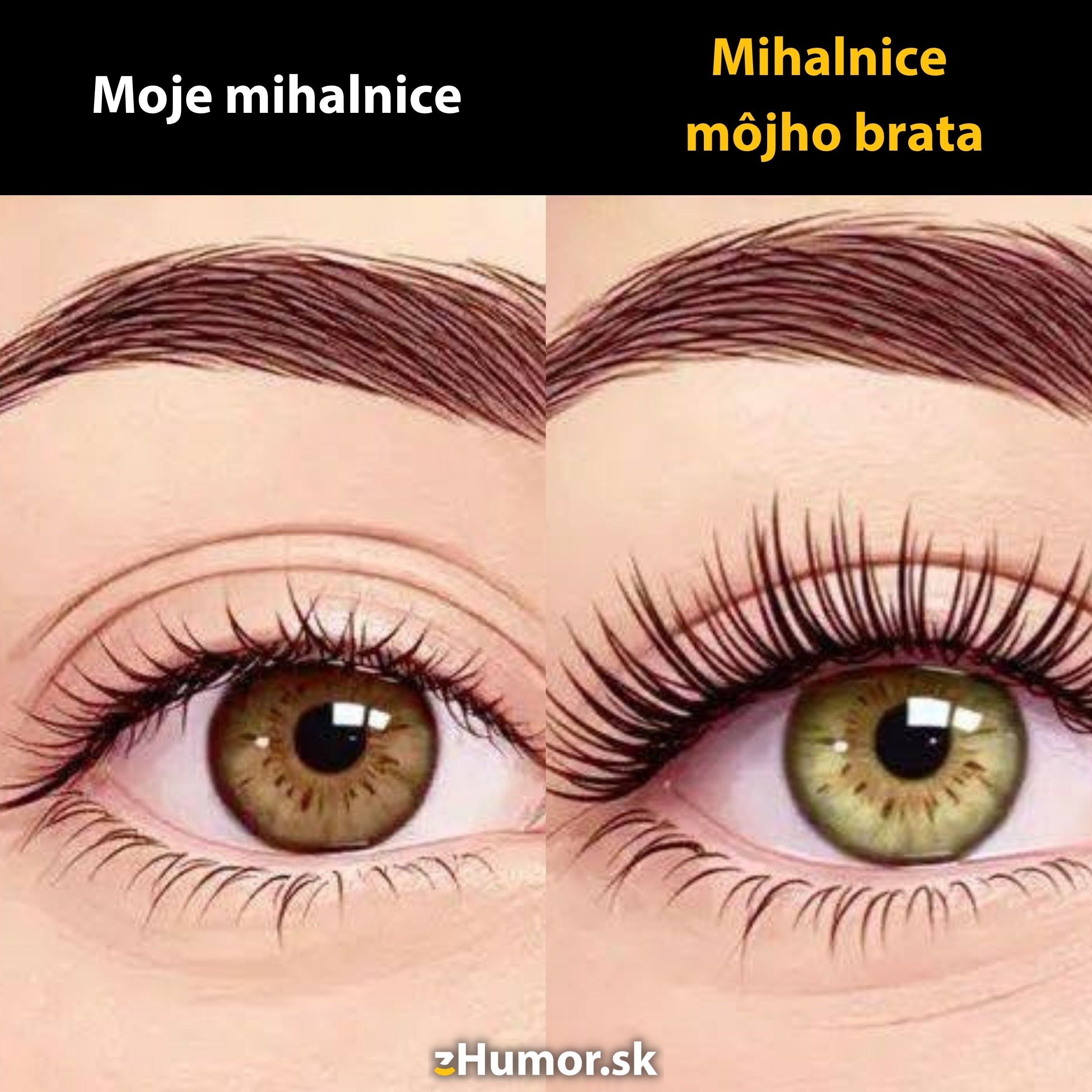 Porovnanie mihalníc: naľavo kratšie, napravo dlhšie s humorom o rozdieloch medzi súrodencami.