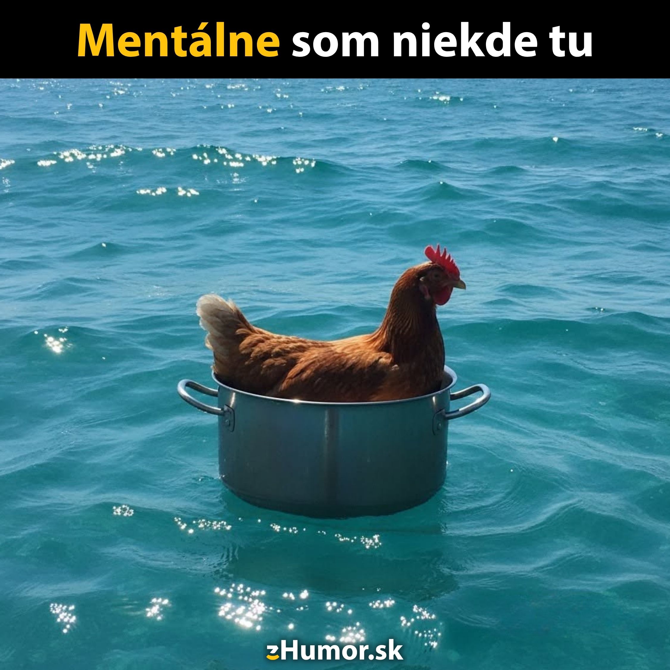 Sliepka v hrnci plávajúca na modrom mori pod slnečnými lúčmi, s nápisom Mentálne som niekde tu.