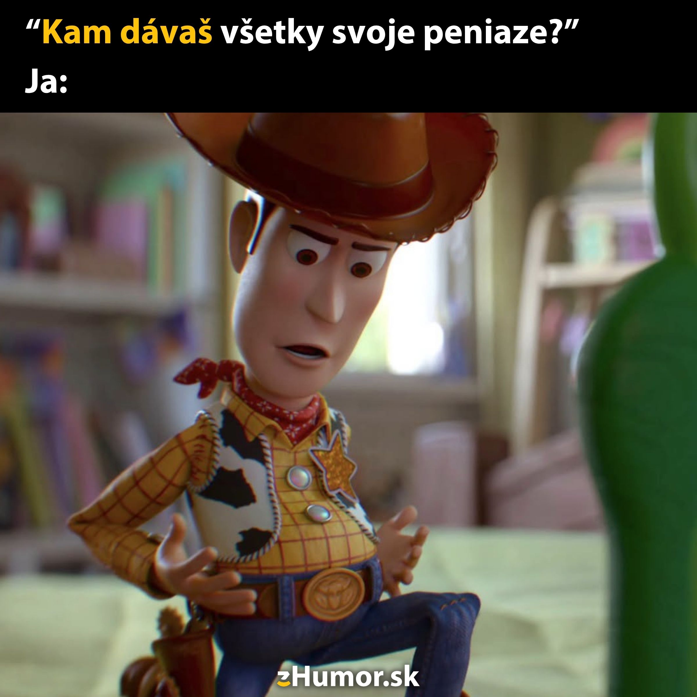 Kovboj zohrávajúci scénku s vtipným názvom: Kam dávaš všetky svoje peniaze? - humoristický obrázok.