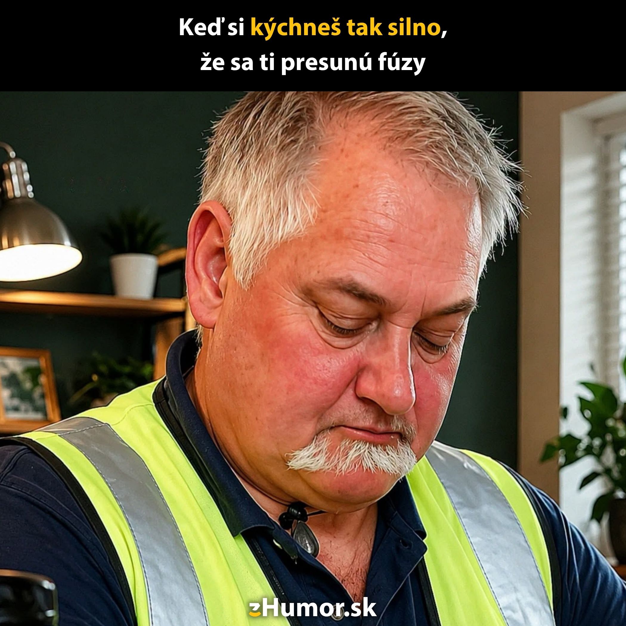 Muž v reflexnej veste so zvláštnymi fúzami, vtipný moment po kýchnutí.