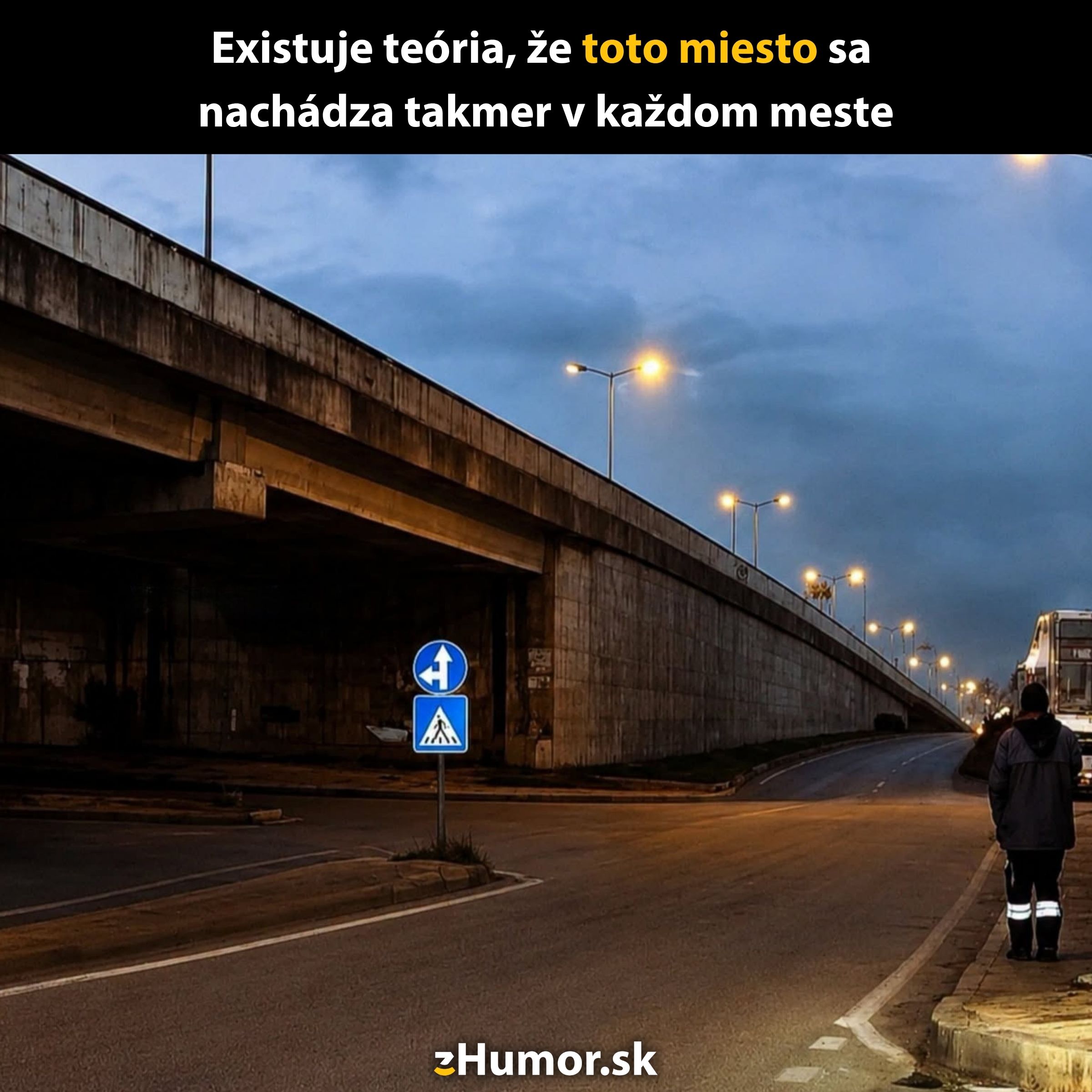 Nočný podchod na skladnenom mieste v každom meste, osvetlený svetlami a dopravnými značkami.