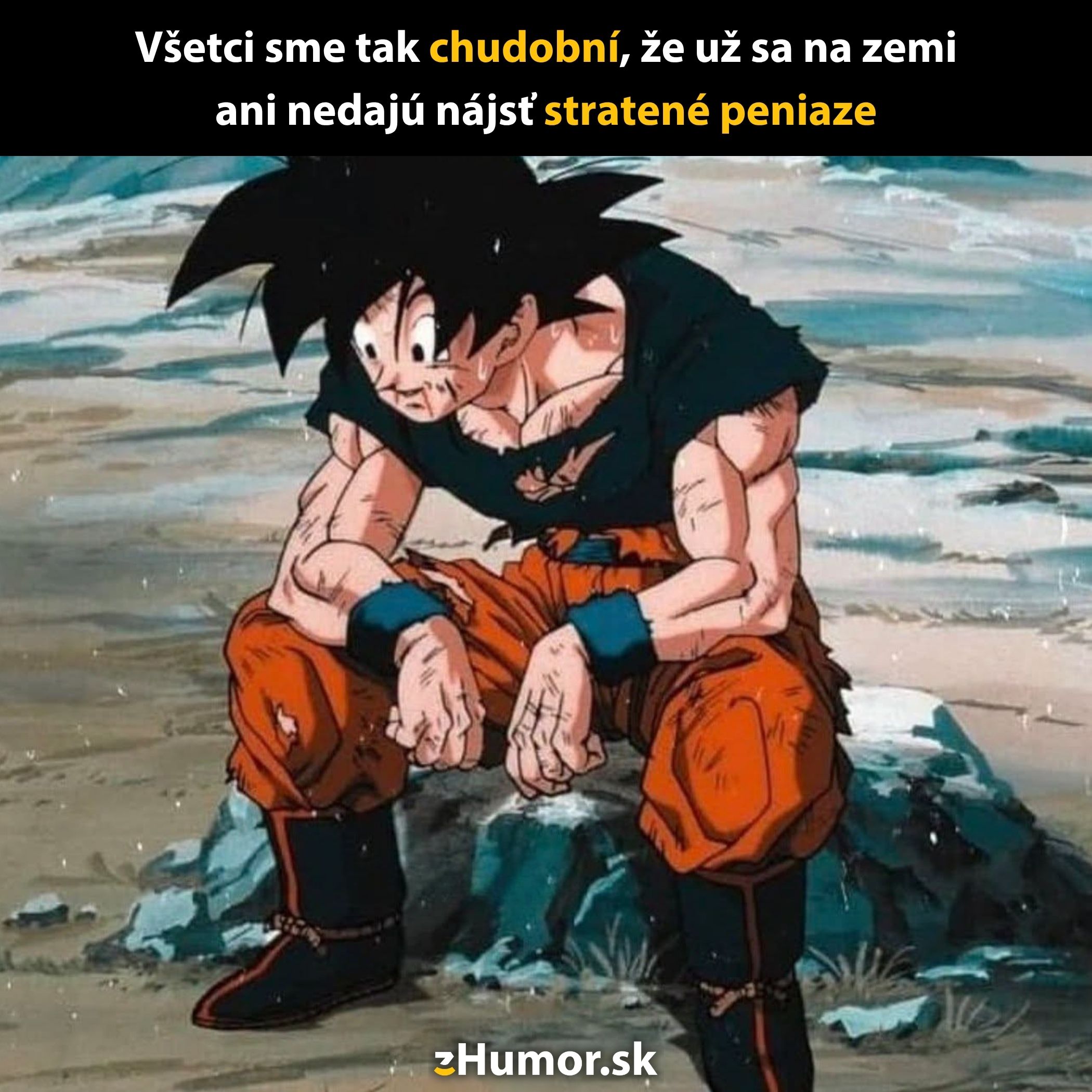 Anime bojovník sedí zamyslený, oblečený v otrhanej oranžovej uniforme, s textom narážajúcim na finančné ťažkosti.