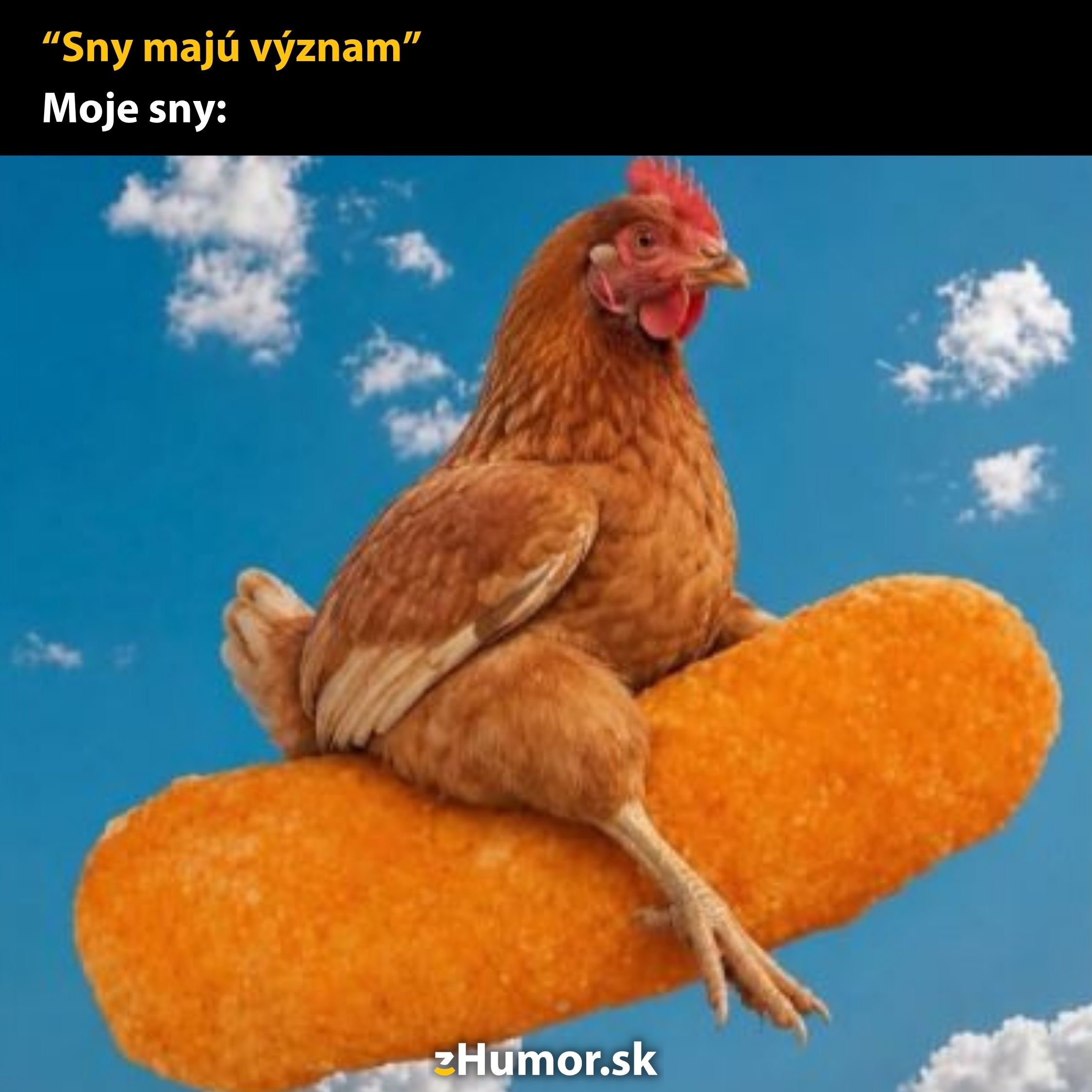 Slepica sedí na zlatistom nugetke proti modrej oblohe, s textom Sny majú význam.