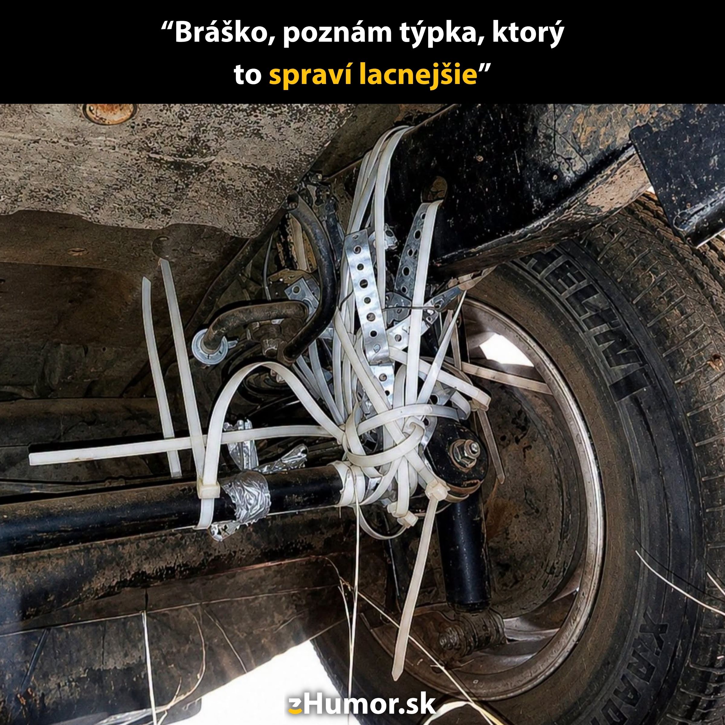 Nerovná oprava auta s použitím plastových pások a pások, vynaliezavosť alebo nezvyčajné riešenie problému.