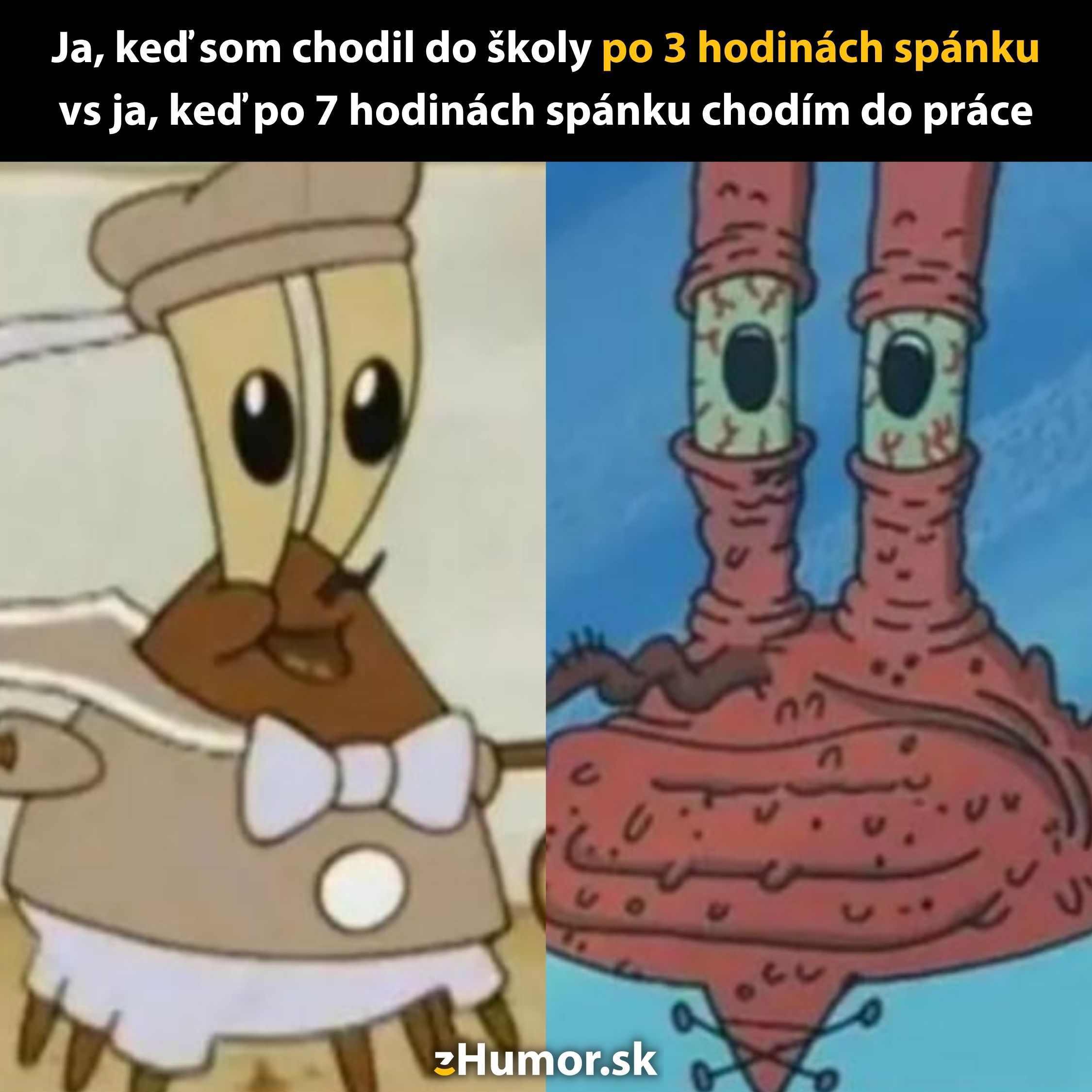 Meme: Rozdiel vo výraze postáv po 3 vs 7 hodinách spánku, školské vs pracovné dni.