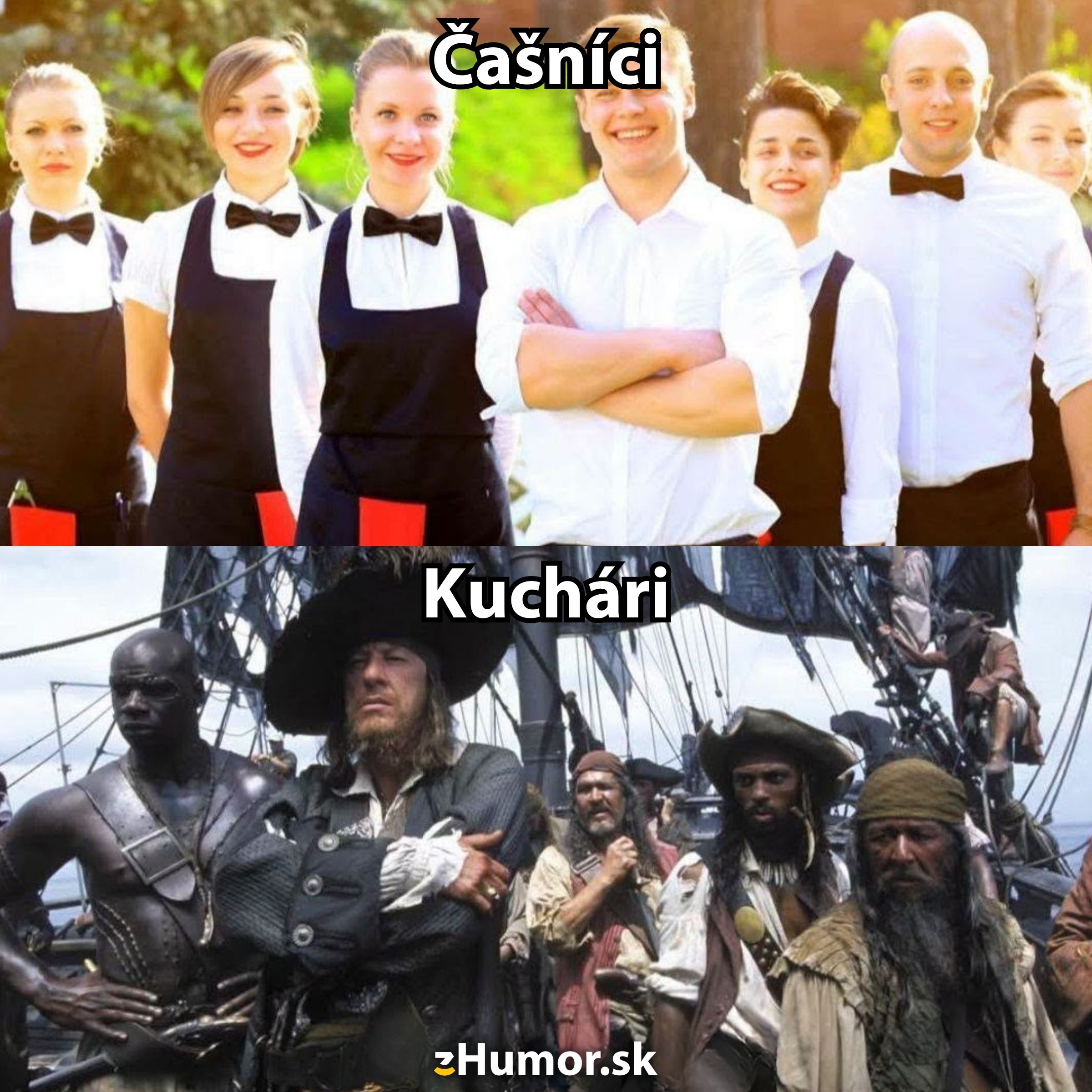 Čašníci v uniforme versus kuchári vyzerajúci ako piráti na lodi pre porovnanie profesií s humorom.