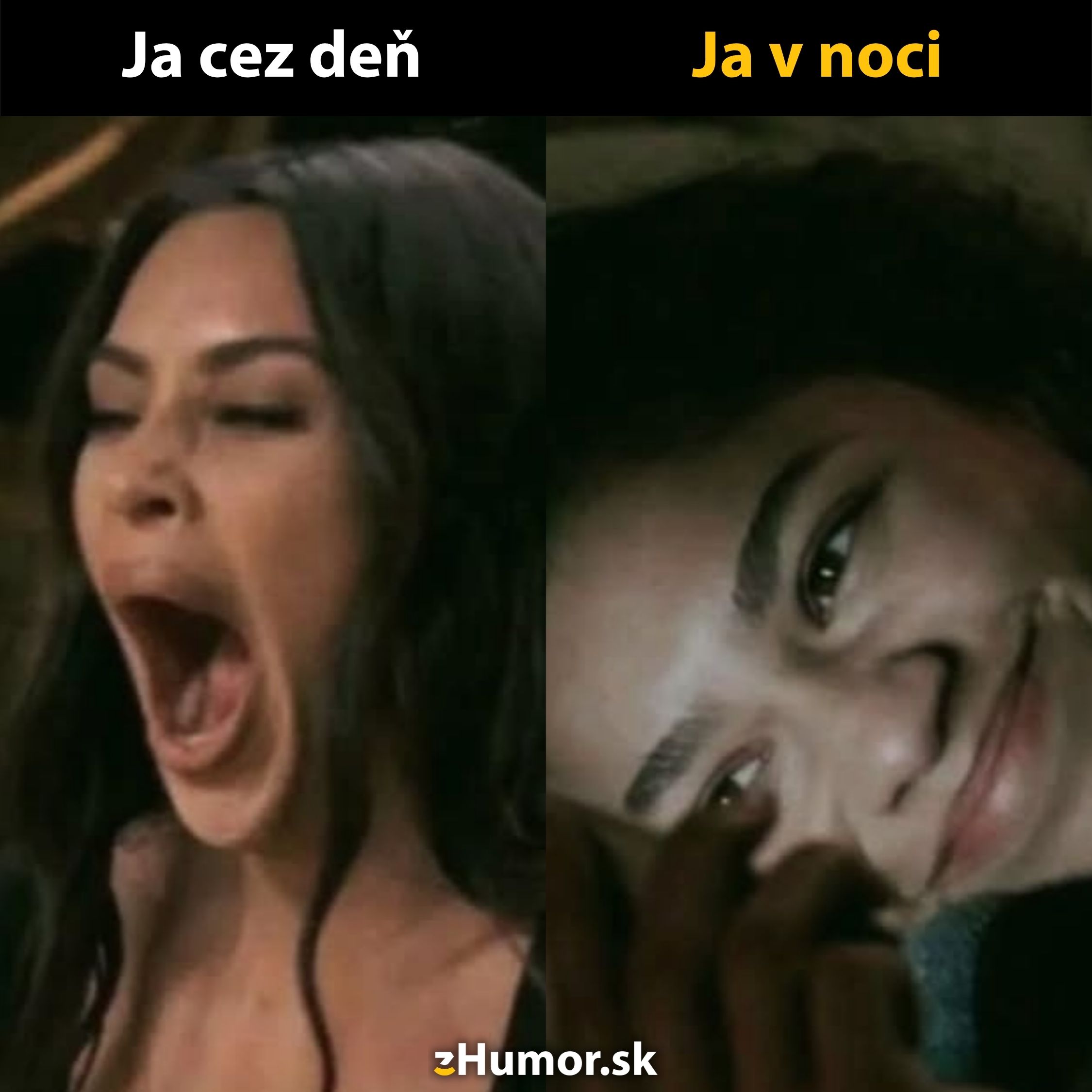 Kontrast medzi únavou cez deň a bdelosťou v noci, vyjadrený vtipným vizuálnym zobrazením.