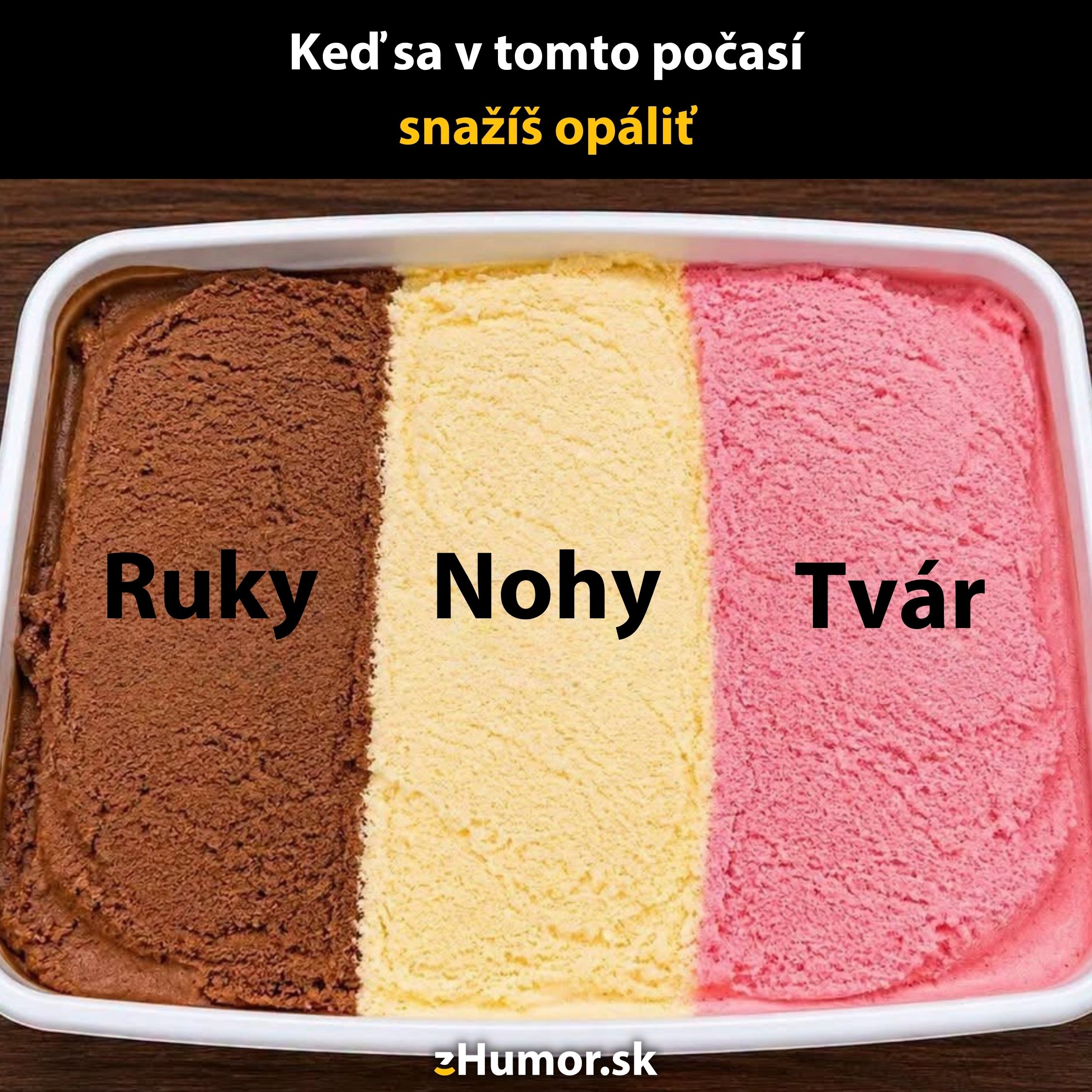 Trojdielna zmrzlina: hnedá, žltá, ružová s popismi častí tela – ruky, nohy, tvár pre zábavné porovnanie opálenia.
