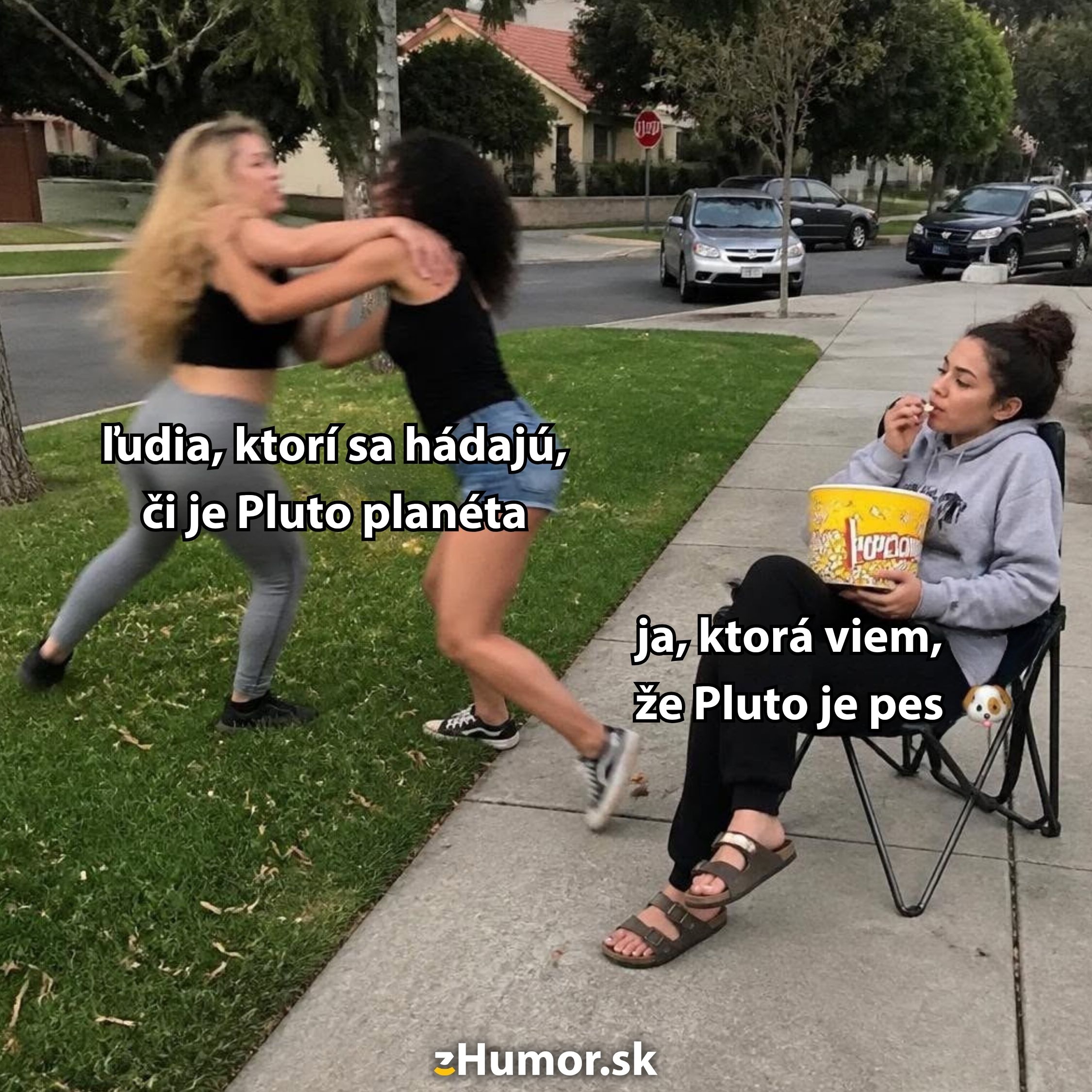 Žena sleduje boj dvoch ľudí s textom o debate, či je Pluto planéta, zatiaľ čo vie, že Pluto je pes.