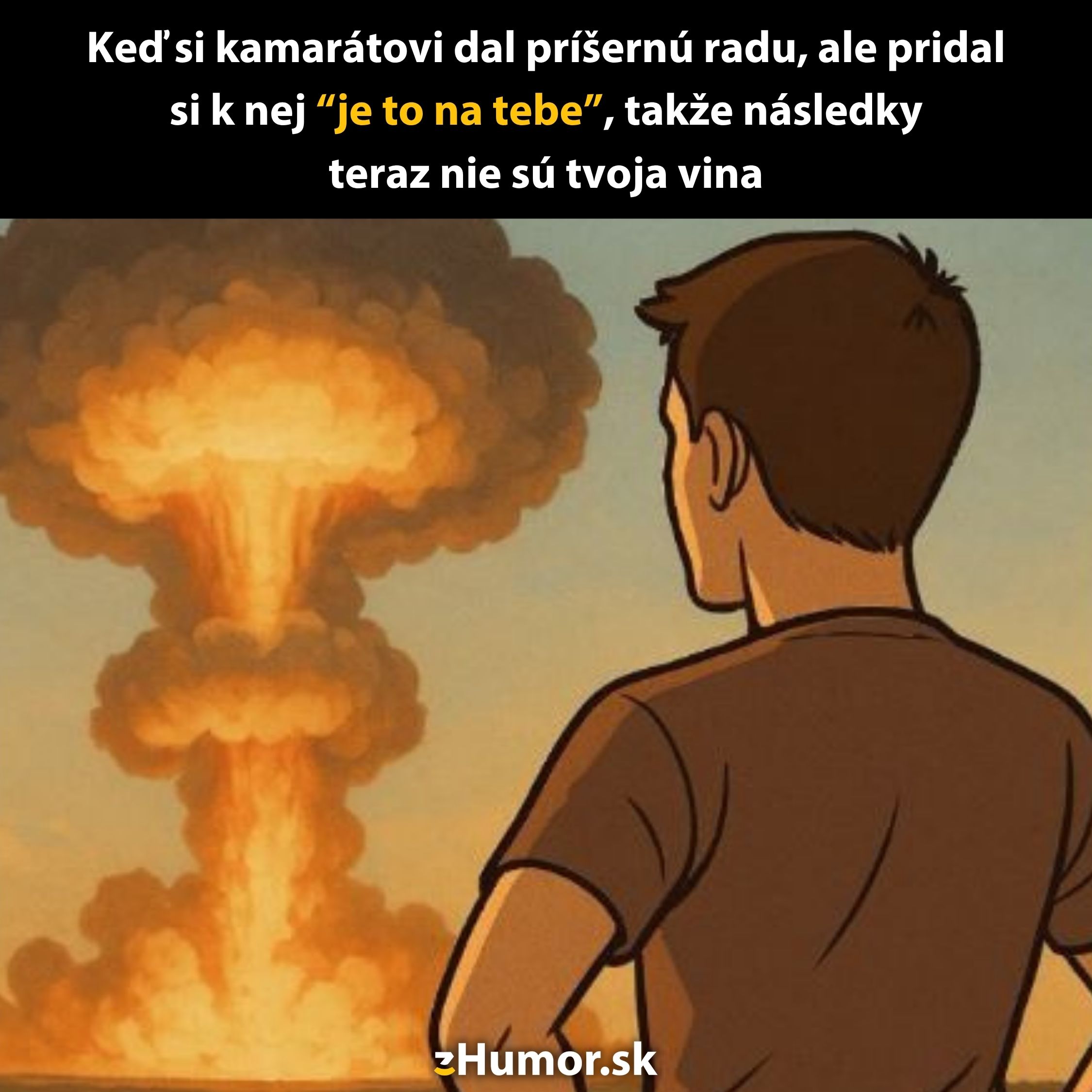 Muž sleduje explóziu na obzore, situácia stelesňuje zmiešané dôsledky nezodpovednej rady.