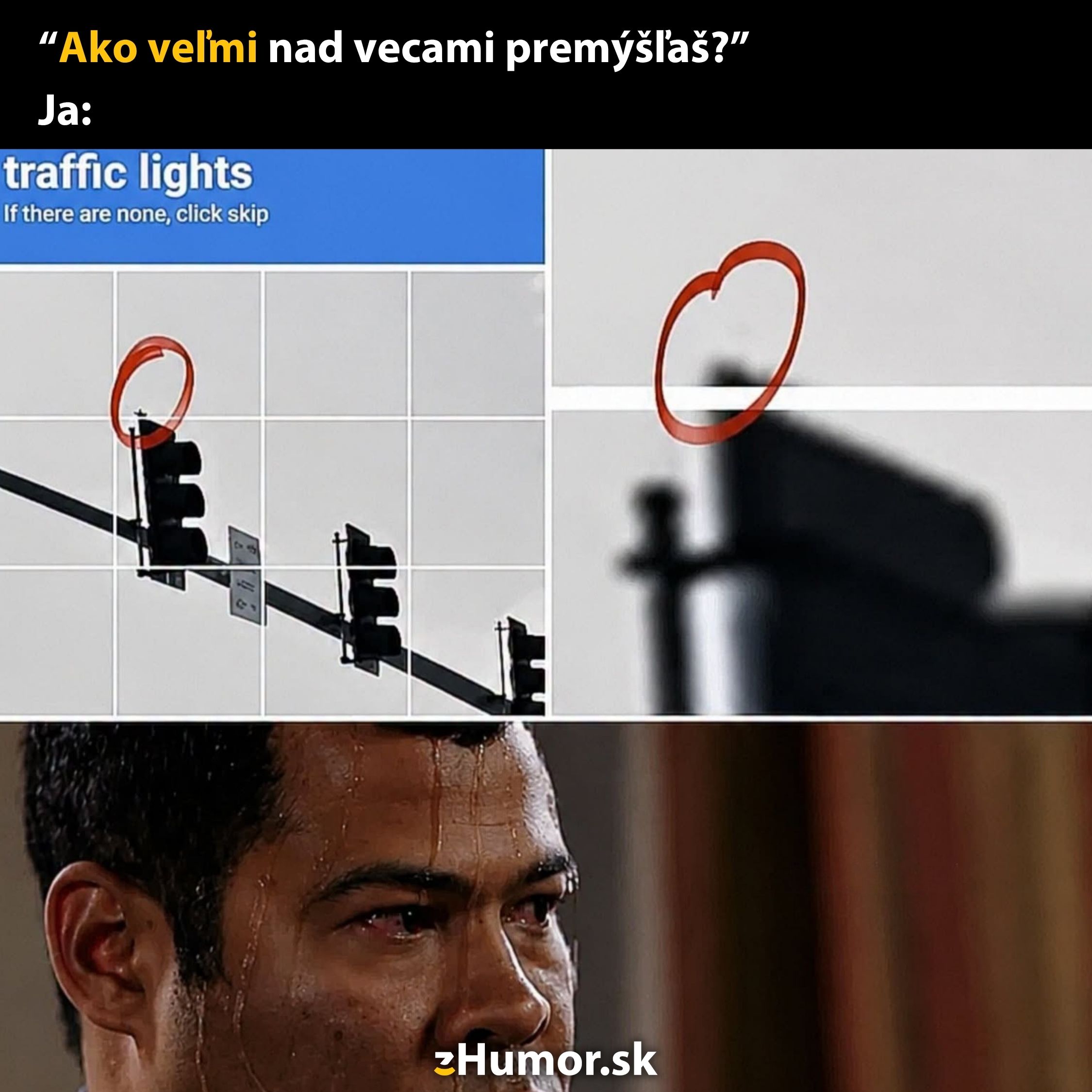Test CAPTCHA identifikujúci semafor, úzkostný muž hľadiaci na obrazovku, humor zjemnený nadmerným premýšľaním.