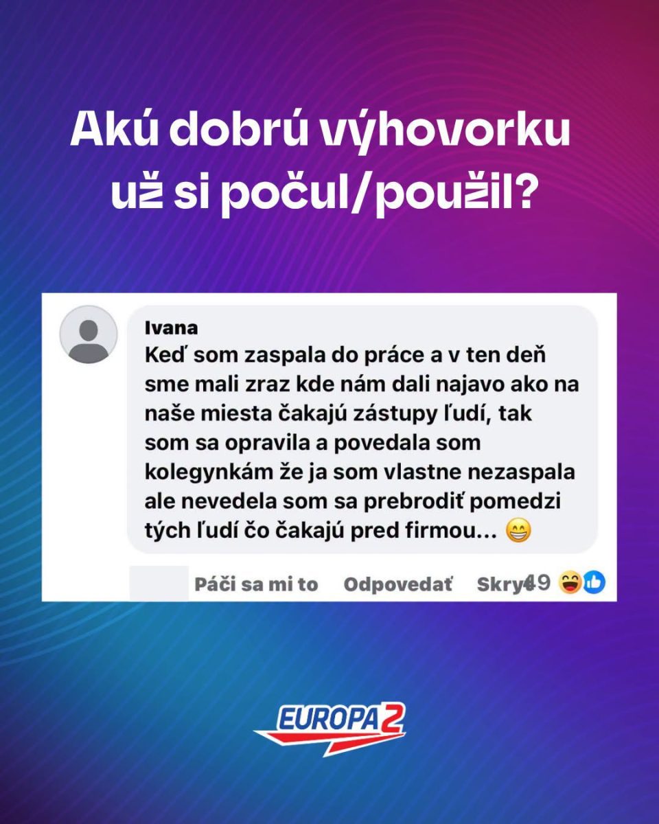 Dotaz na sociálnej sieti o najlepšej výhovorke, s komentárom užívateľa o zaspaní do práce.