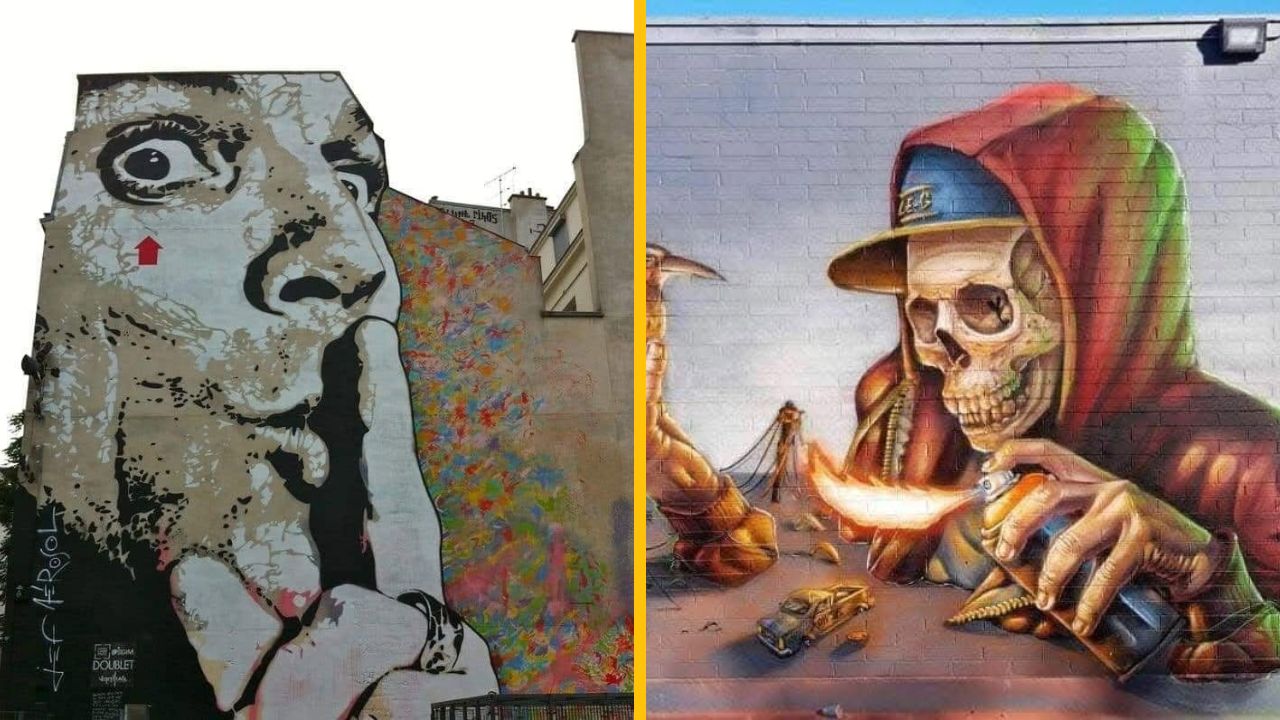 Nástenná maľba s veľkým tvárou a graffiti s lebkou vo veste striekajúcou grafity v meste. Umenie na ulici.