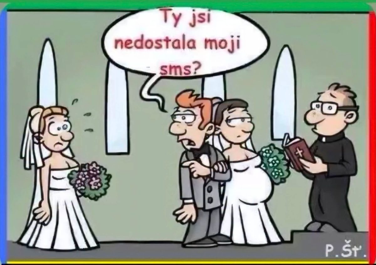 Nevesta prekvapená pri oltári, ženích sa pýta na SMS, iná nevesta po jeho boku, kňaz číta príhovor.