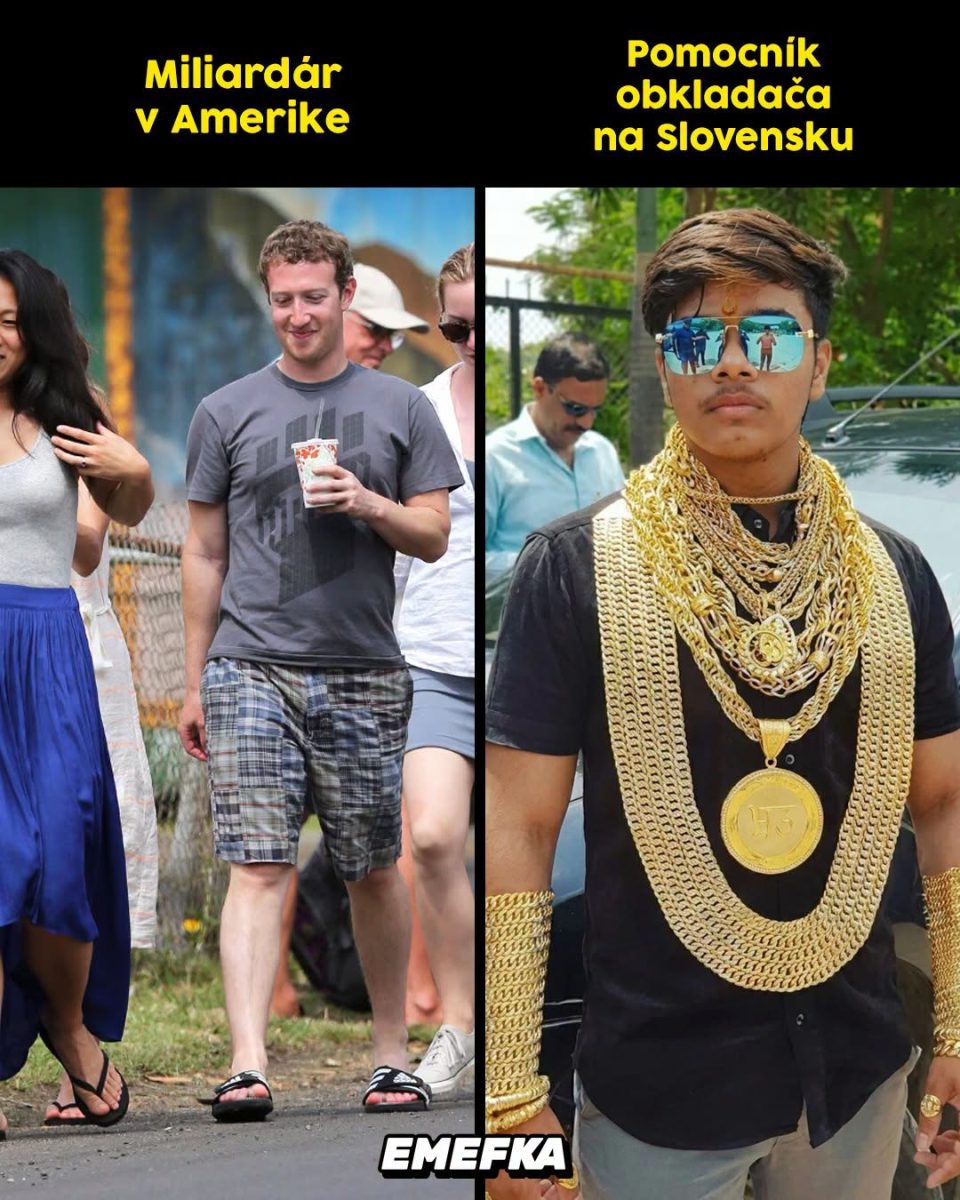 Miliardár v Amerike v jednoduchom oblečení, kontrastuje s pomocníkom na Slovensku pokrytým zlatom.