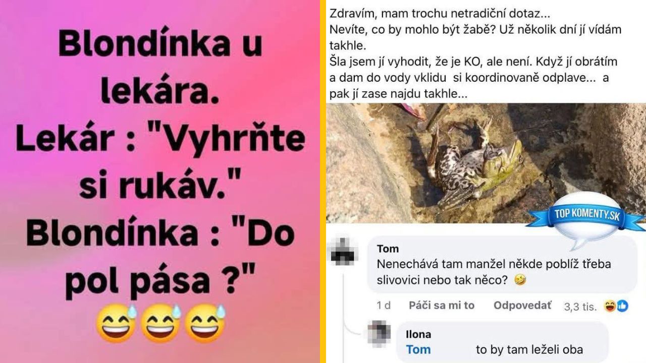 Blondínka žartuje u lekára, text o žabe a vtipné komentáre na sociálnej sieti.