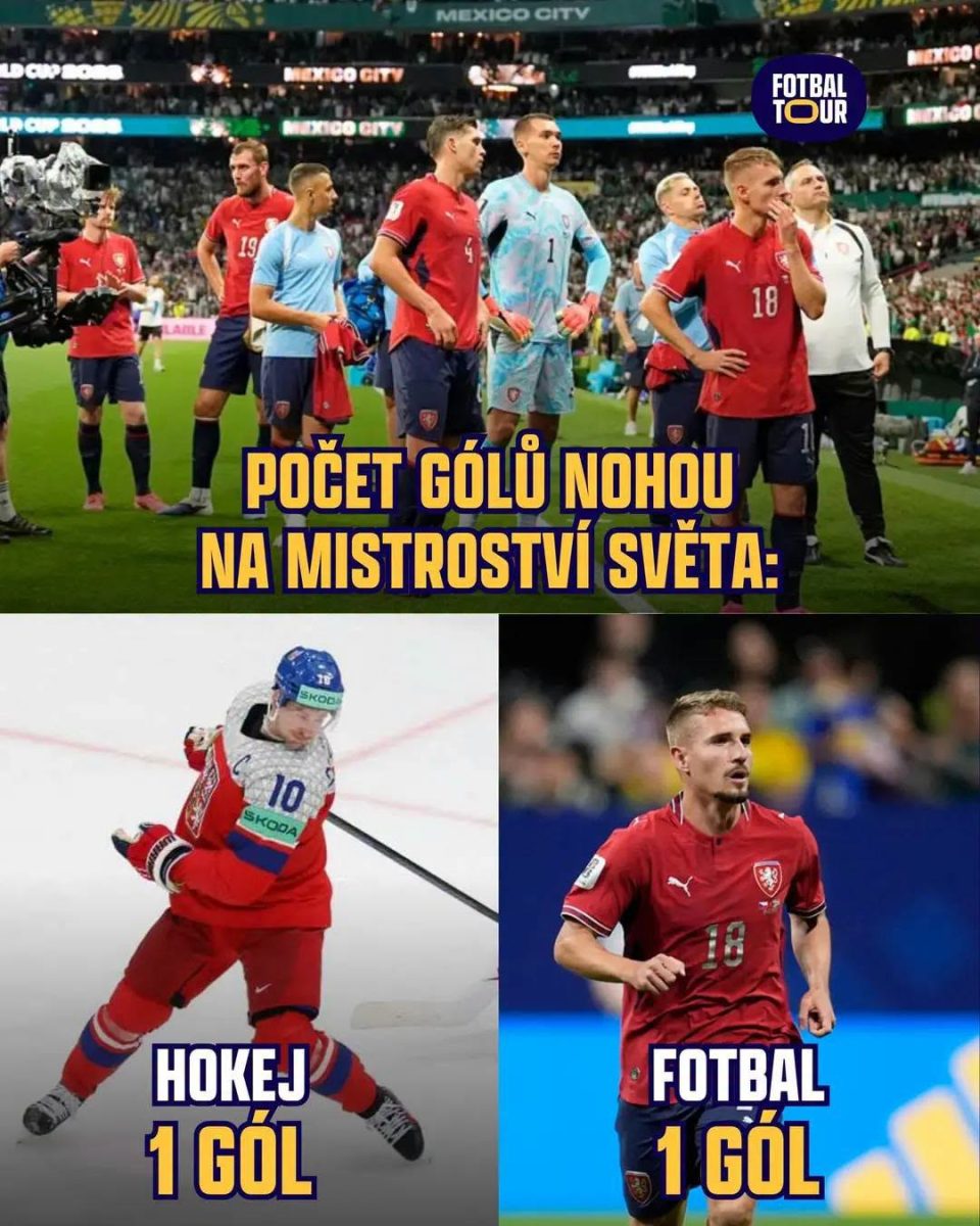Českí hráči oslavujú gól na majstrovstvách sveta vo futbale a hokeji, každý s jedným gólom nohou.