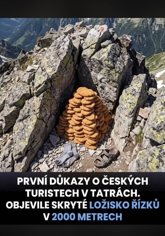 Hora s hromadou rezňov a sandálmi, humor na tému českí turisti v Tatrách na 2000 metrov nad morom.